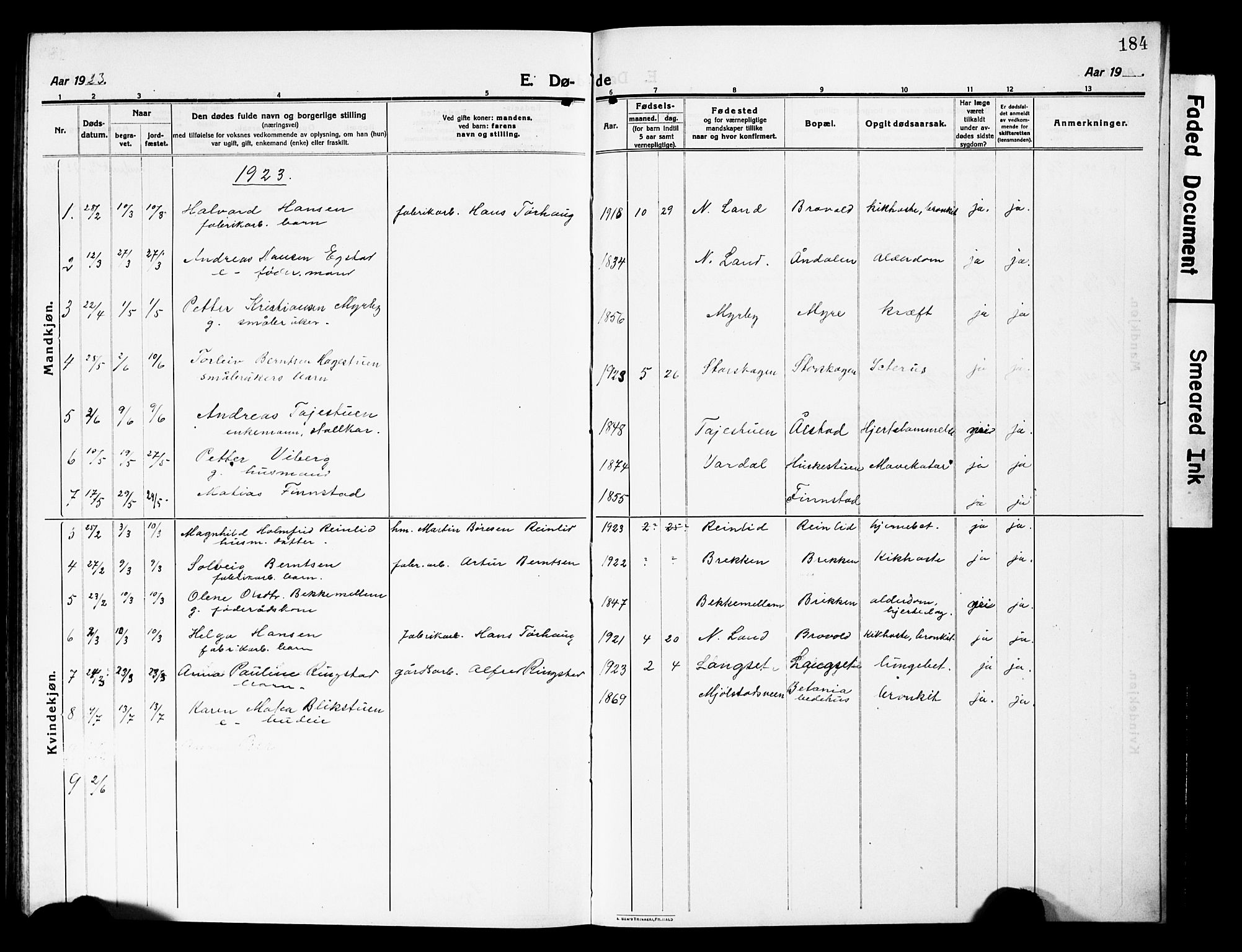 Vardal prestekontor, SAH/PREST-100/H/Ha/Hab/L0015: Parish register (copy) no. 15, 1914-1931, p. 184