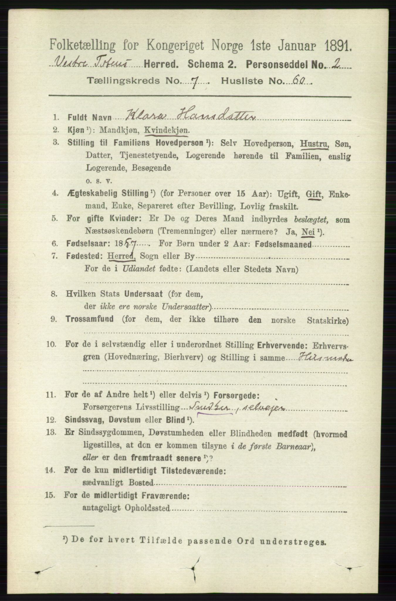RA, 1891 census for 0529 Vestre Toten, 1891, p. 4696