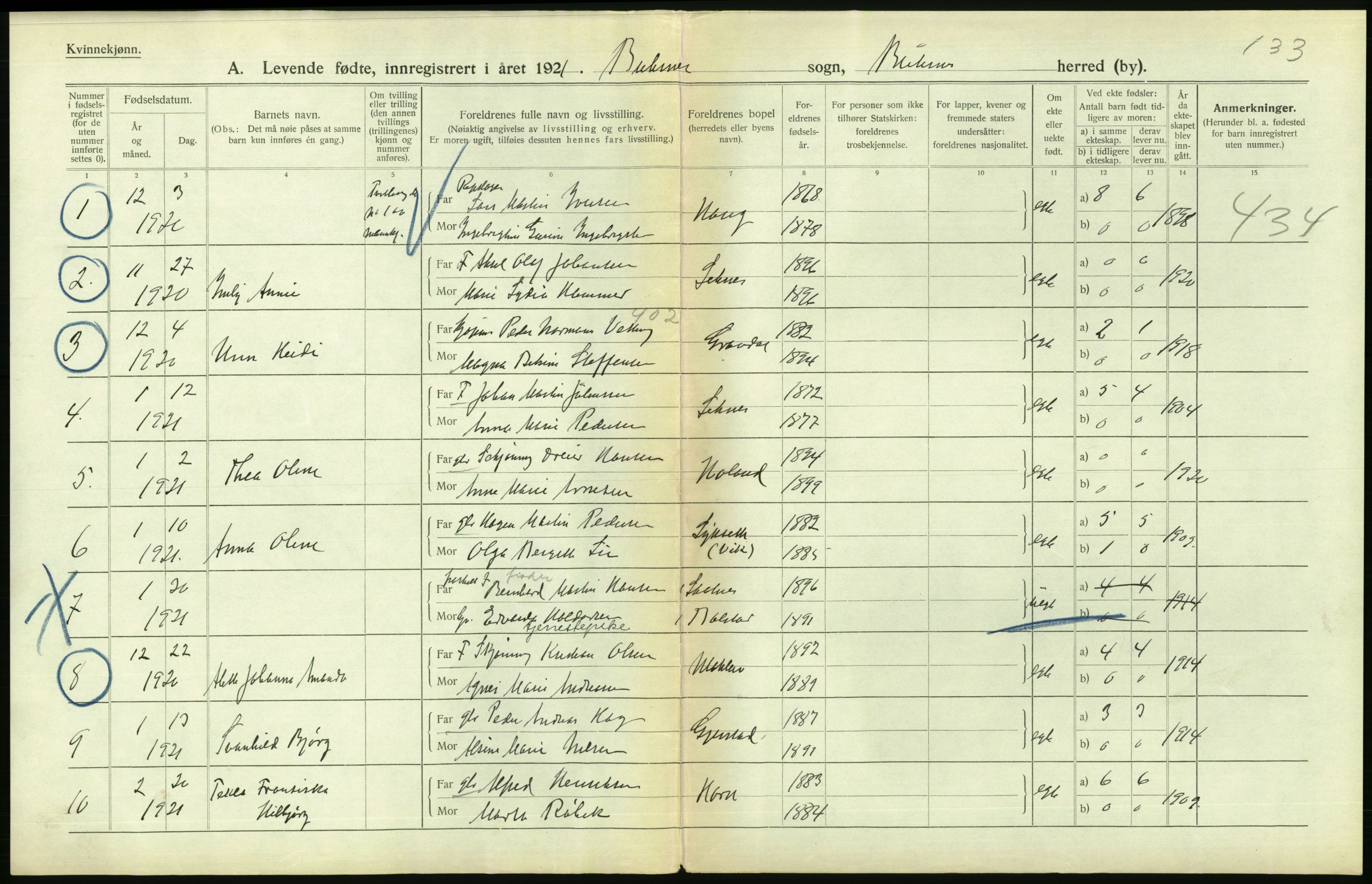 Statistisk sentralbyrå, Sosiodemografiske emner, Befolkning, RA/S-2228/D/Df/Dfc/Dfca/L0049: Nordland fylke: Levendefødte menn og kvinner. Bygder., 1921, p. 336