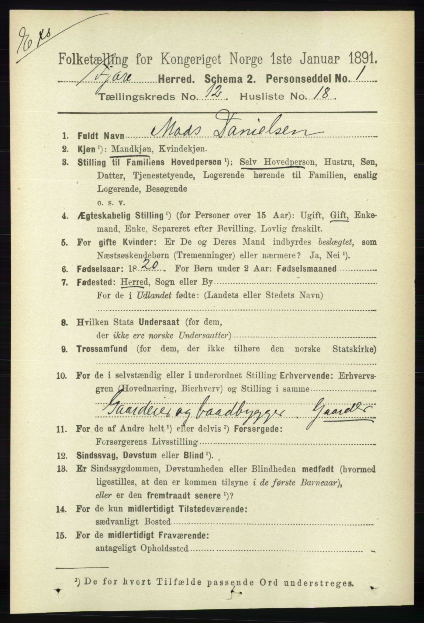 RA, Census 1891 for Nedenes amt: Gjenparter av personsedler for beslektede ektefeller, menn, 1891, p. 748