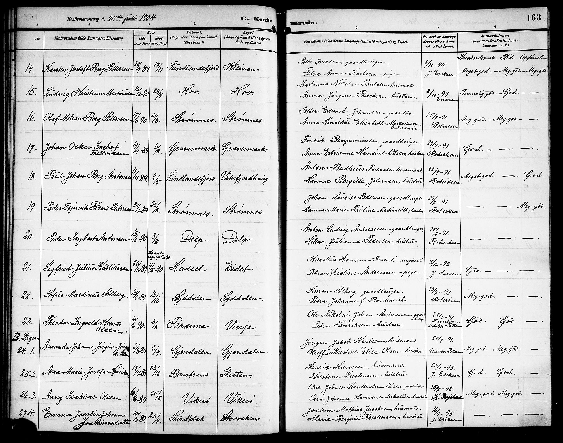 Ministerialprotokoller, klokkerbøker og fødselsregistre - Nordland, AV/SAT-A-1459/876/L1105: Parish register (copy) no. 876C04, 1896-1914, p. 163