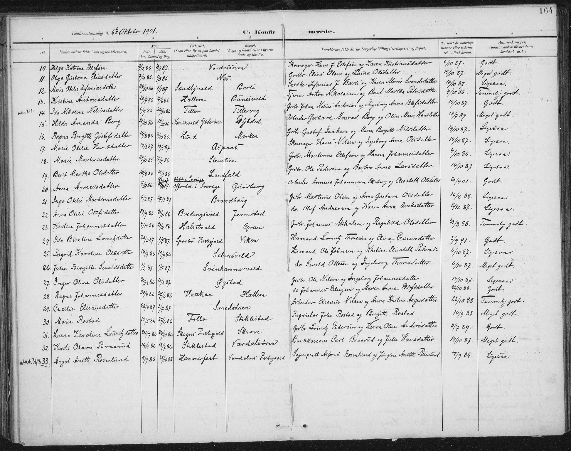 Ministerialprotokoller, klokkerbøker og fødselsregistre - Nord-Trøndelag, SAT/A-1458/723/L0246: Parish register (official) no. 723A15, 1900-1917, p. 164