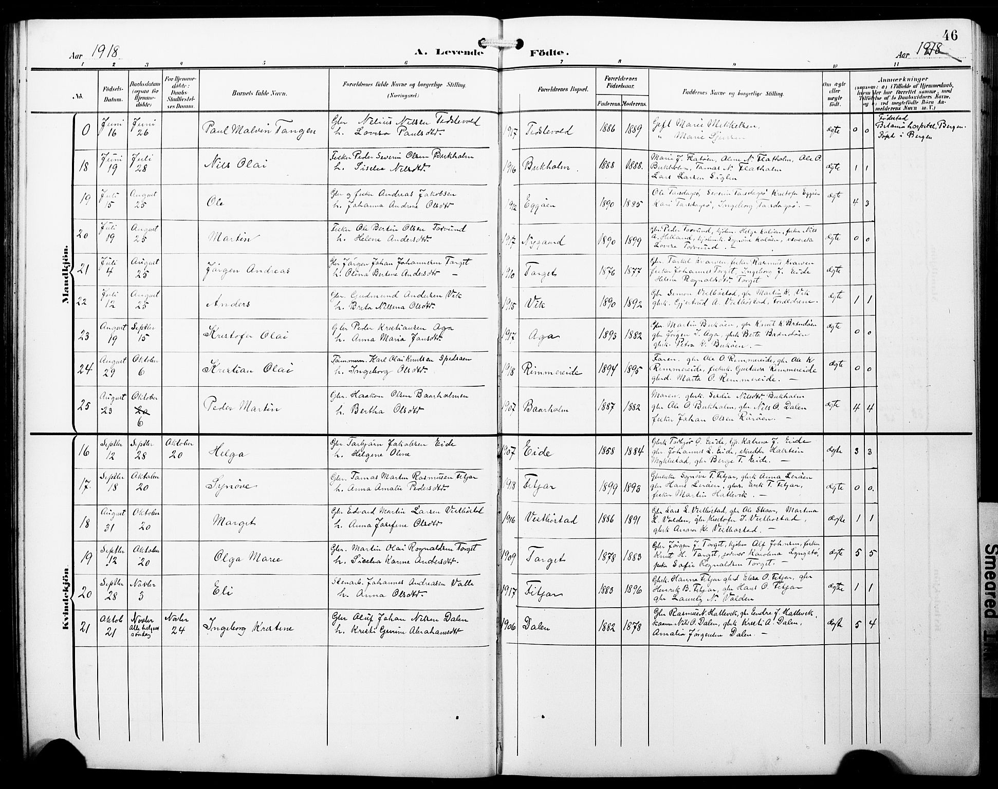 Fitjar sokneprestembete, SAB/A-99926: Parish register (copy) no. B 1, 1906-1928, p. 46