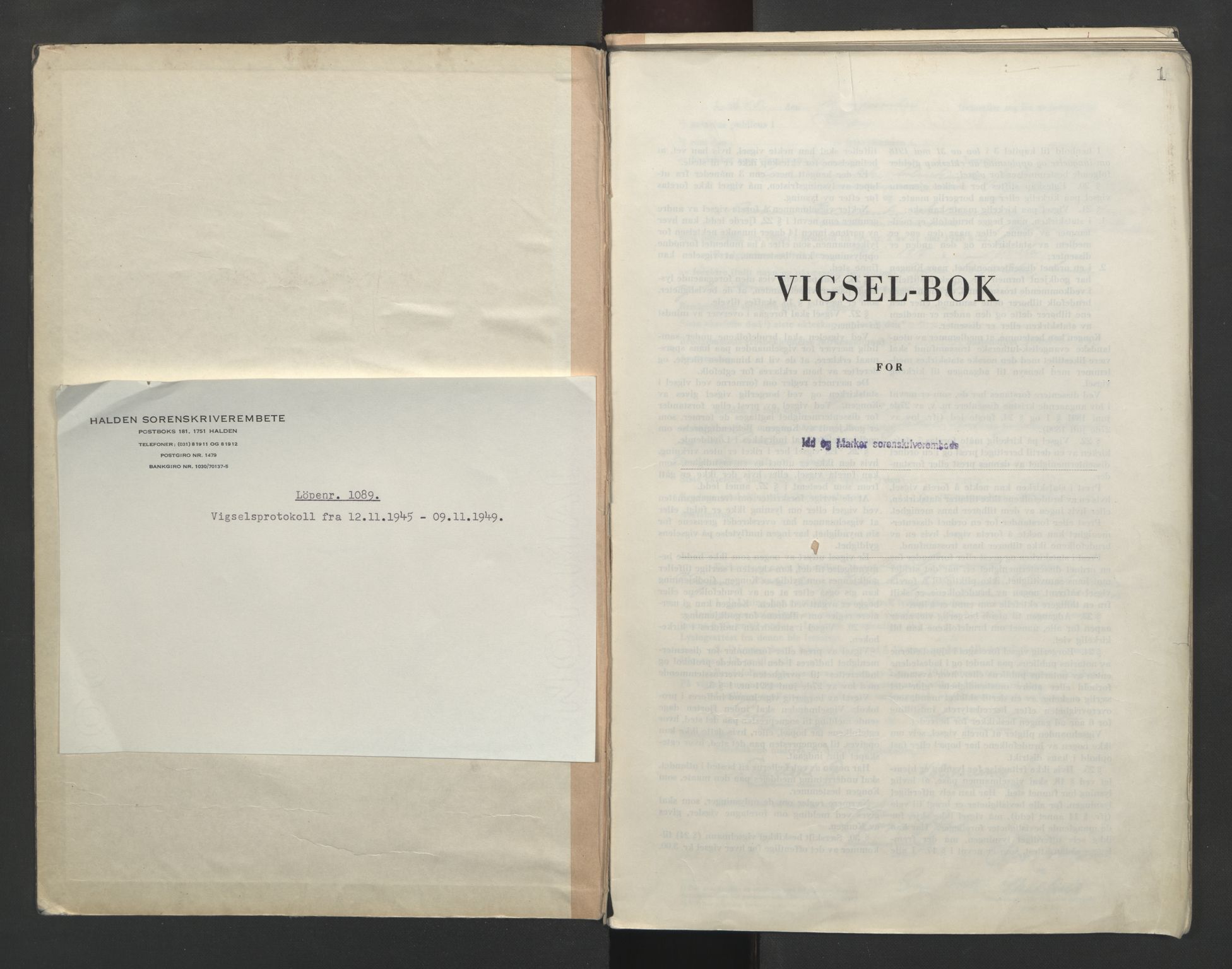 Idd og Marker sorenskriveri, SAO/A-10283/L/Lc/L0001/0004: Vigselsbøker / Vigselsbok, 1945-1949, p. 1