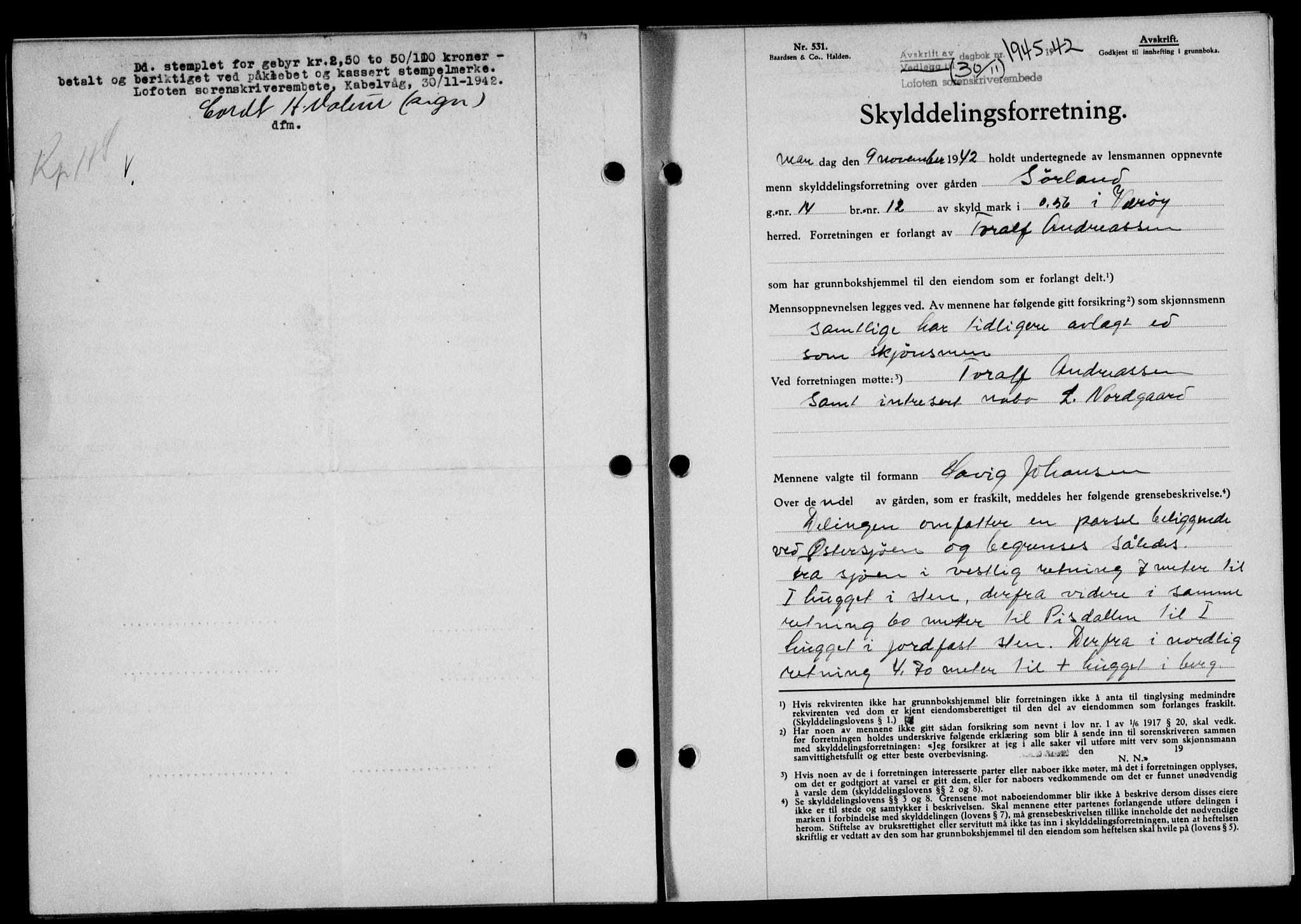 Lofoten sorenskriveri, SAT/A-0017/1/2/2C/L0010a: Mortgage book no. 10a, 1942-1943, Diary no: : 1945/1942