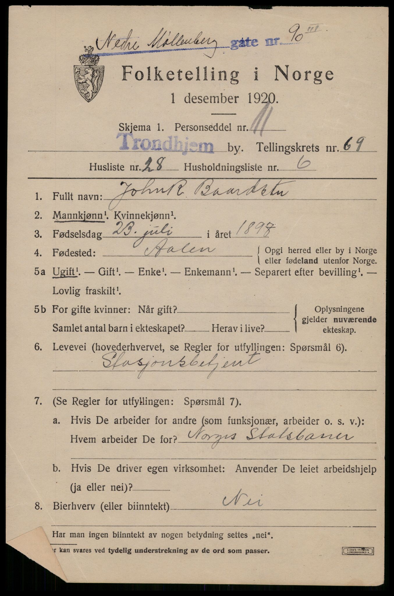 SAT, 1920 census for Trondheim, 1920, p. 137938