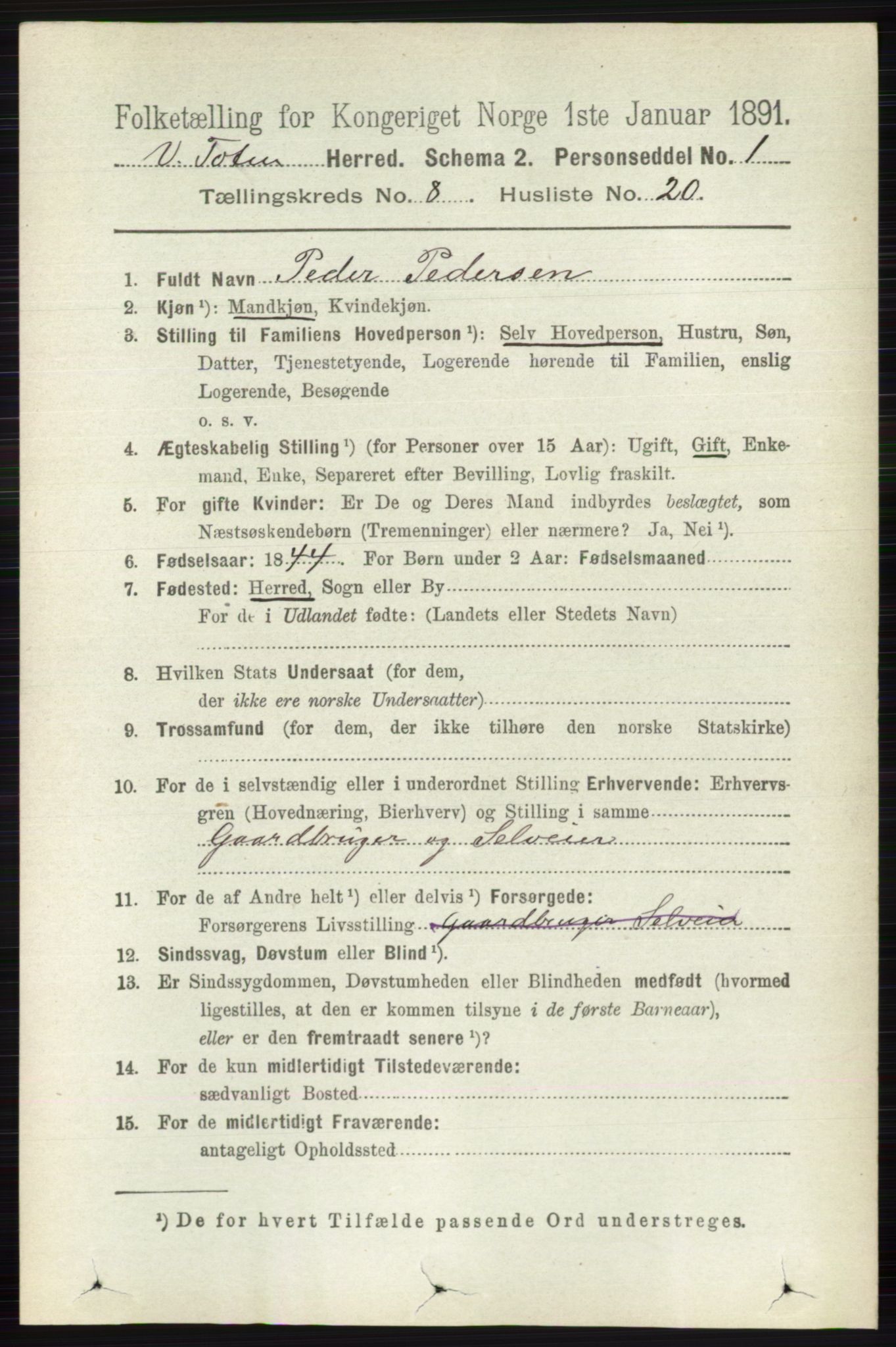 RA, 1891 census for 0529 Vestre Toten, 1891, p. 5112