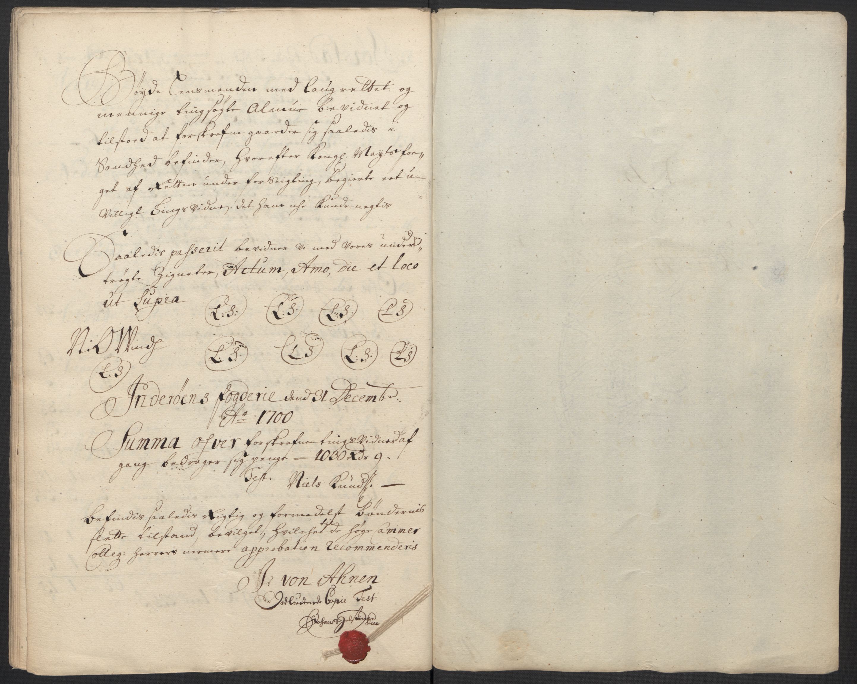 Rentekammeret inntil 1814, Reviderte regnskaper, Fogderegnskap, RA/EA-4092/R63/L4311: Fogderegnskap Inderøy, 1700, p. 291