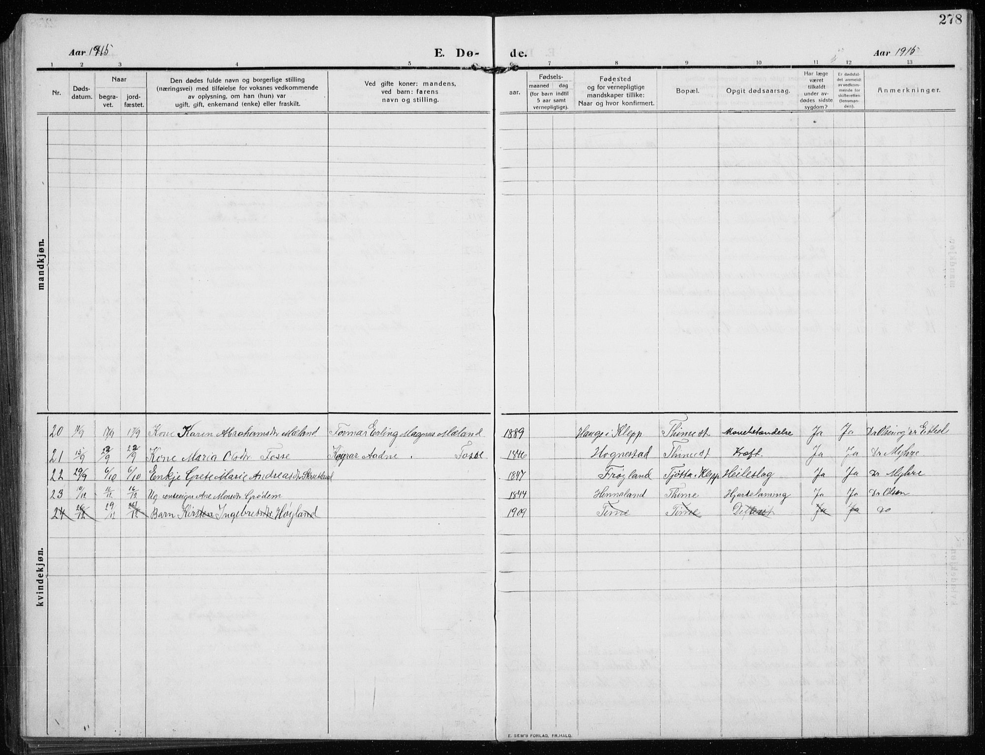 Time sokneprestkontor, AV/SAST-A-101795/001/30BB/L0001: Parish register (copy) no. B 1, 1910-1932, p. 278