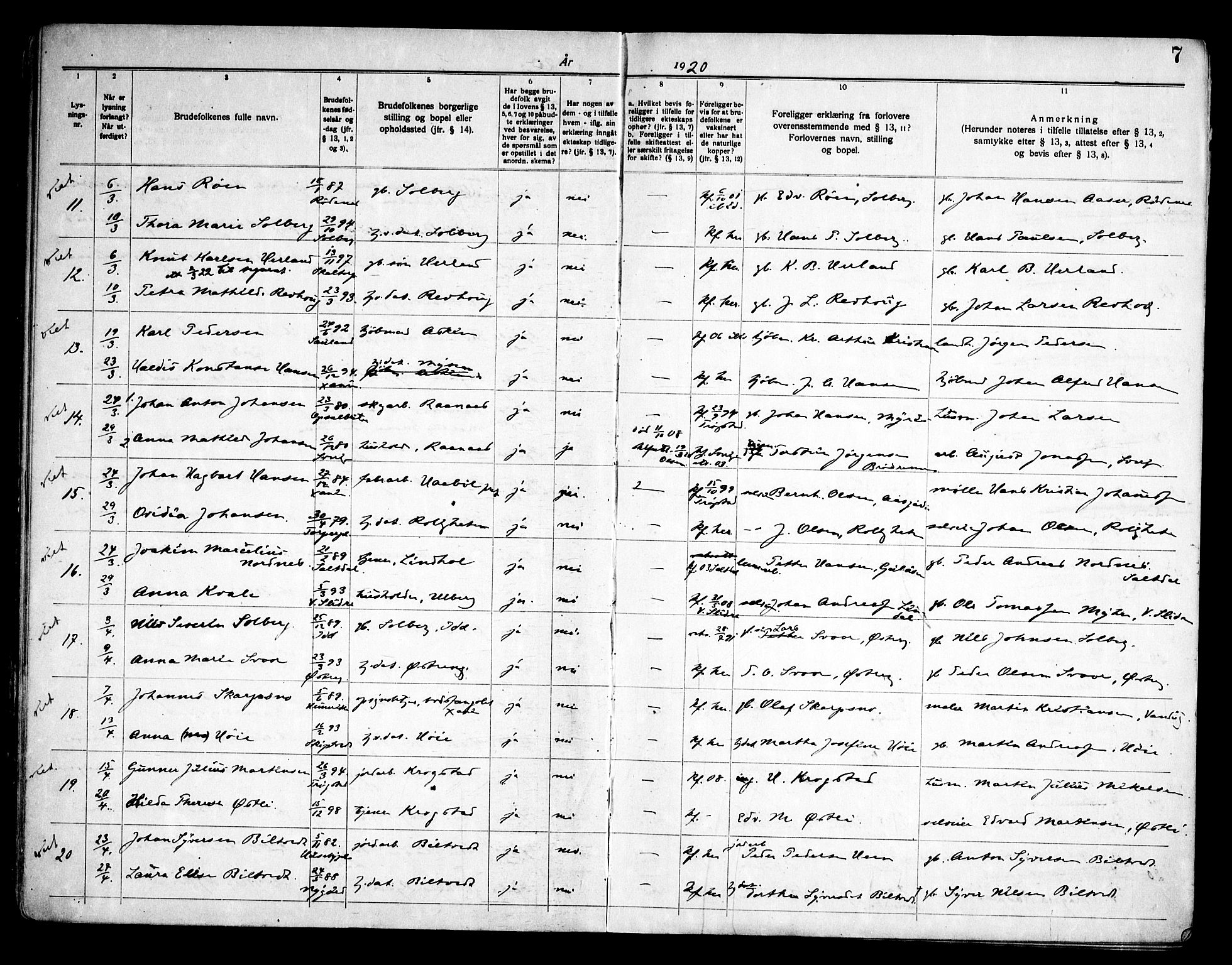 Eidsberg prestekontor Kirkebøker, AV/SAO-A-10905/H/Ha/L0001: Banns register no. I 1, 1919-1946, p. 7