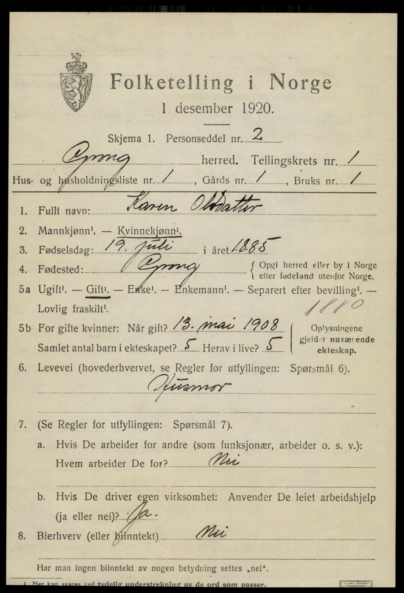 SAT, 1920 census for Grong, 1920, p. 1033