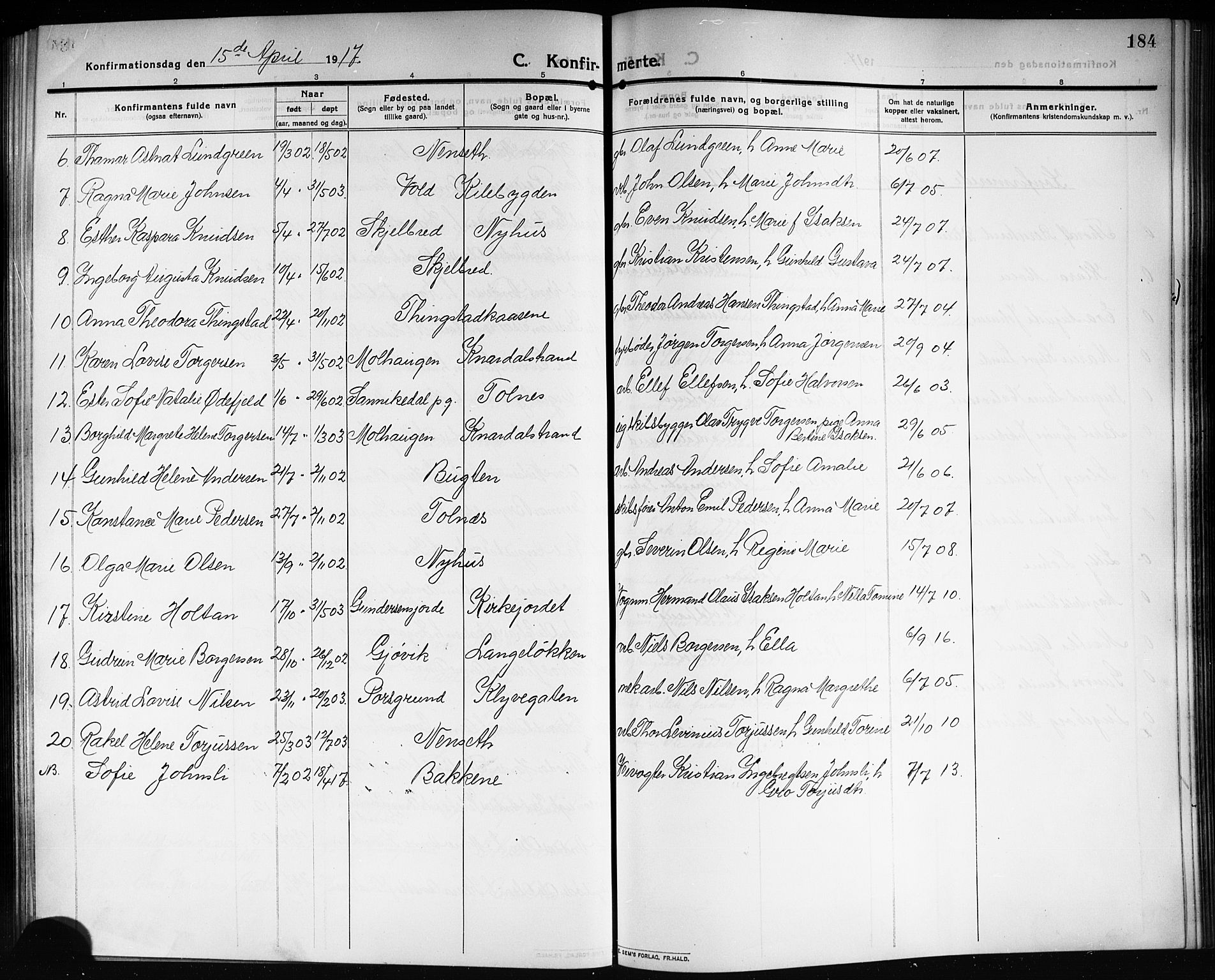 Solum kirkebøker, SAKO/A-306/G/Ga/L0009: Parish register (copy) no. I 9, 1909-1922, p. 184