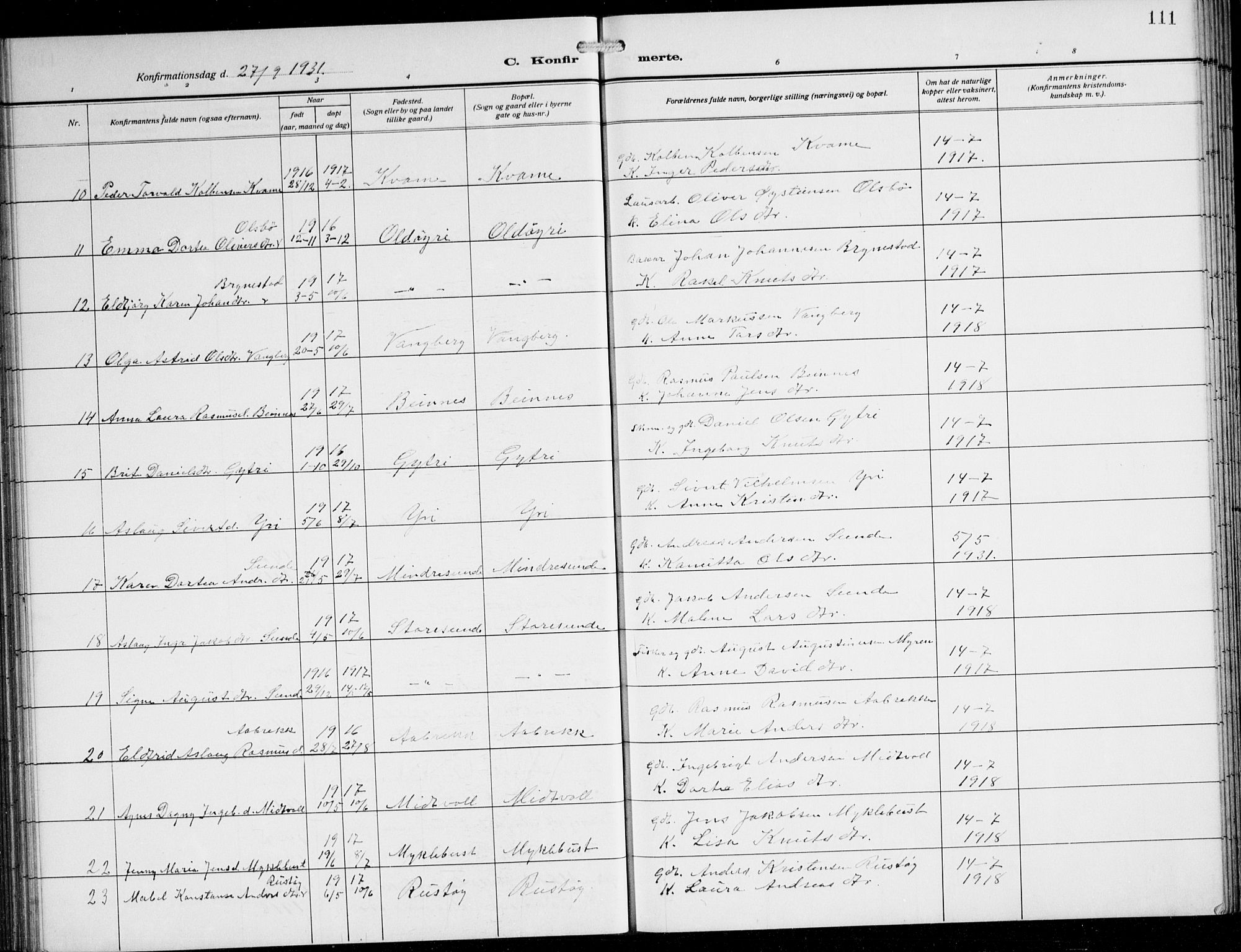 Innvik sokneprestembete, AV/SAB-A-80501: Parish register (copy) no. B 5, 1915-1943, p. 111