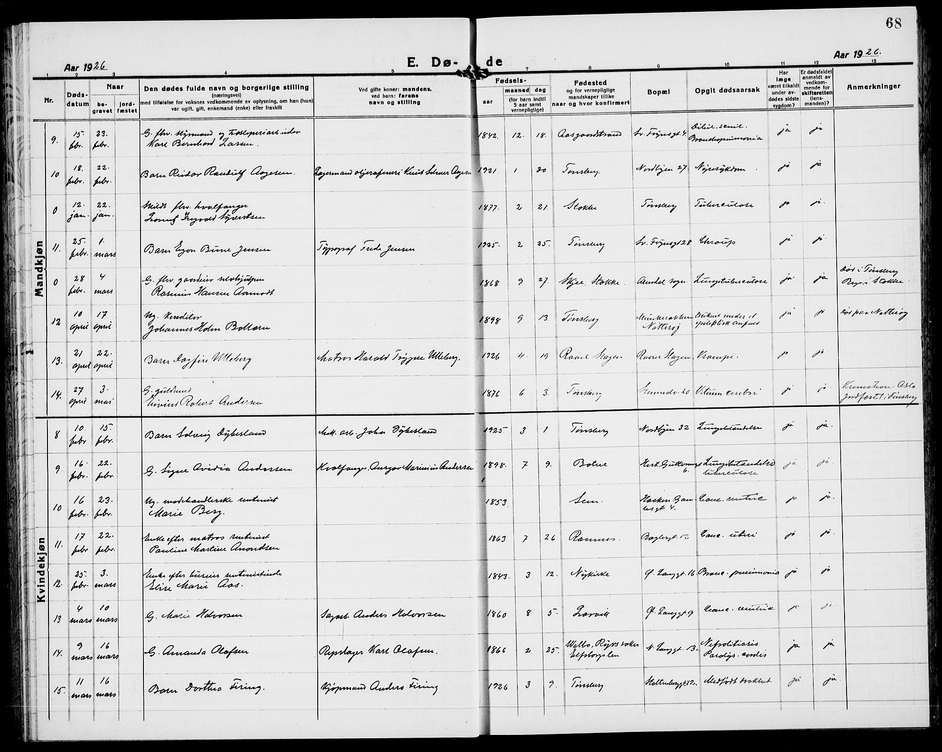 Tønsberg kirkebøker, AV/SAKO-A-330/G/Ga/L0018: Parish register (copy) no. 18, 1920-1935, p. 68