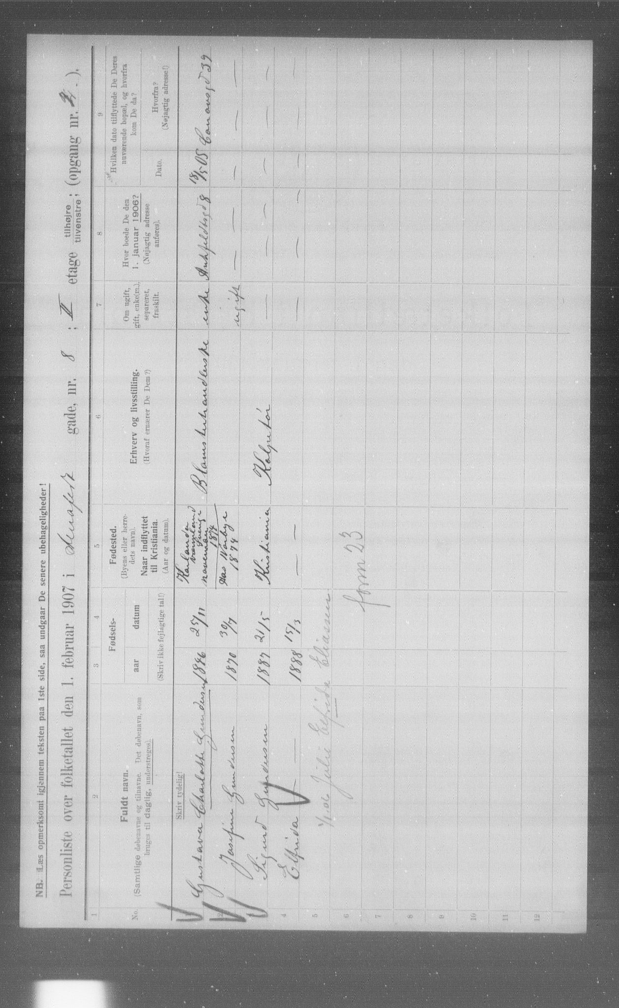 OBA, Municipal Census 1907 for Kristiania, 1907, p. 678