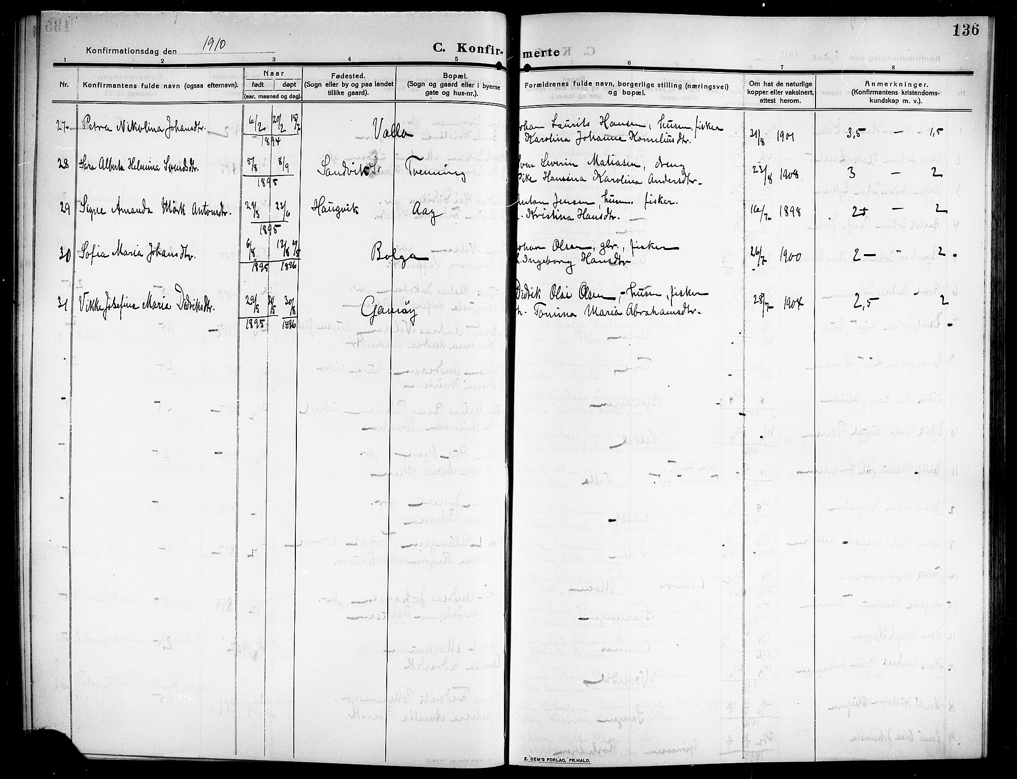 Ministerialprotokoller, klokkerbøker og fødselsregistre - Nordland, AV/SAT-A-1459/843/L0639: Parish register (copy) no. 843C08, 1908-1924, p. 136