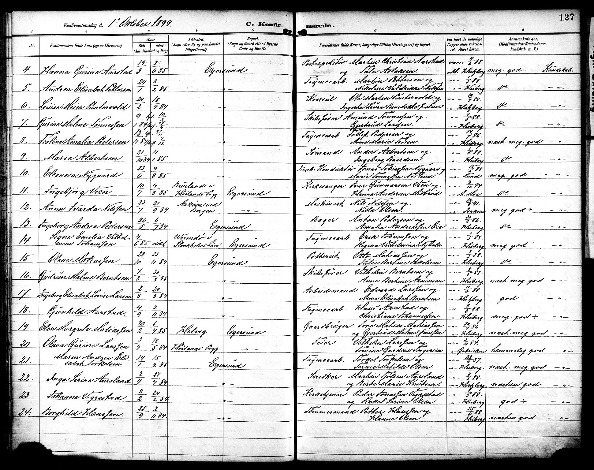 Eigersund sokneprestkontor, AV/SAST-A-101807/001/30/30BA/L0019: Parish register (official) no. A 18, 1892-1905, p. 127