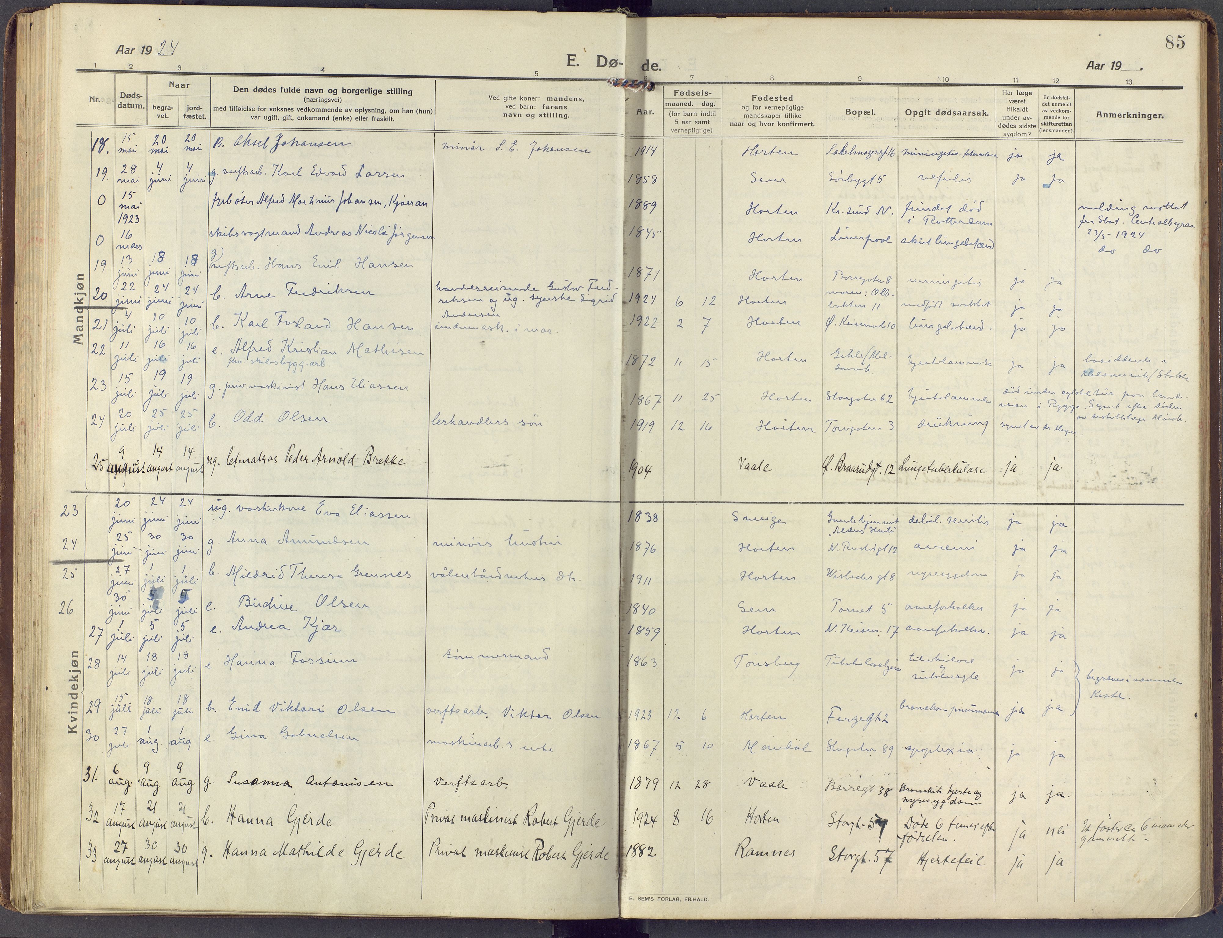 Horten kirkebøker, AV/SAKO-A-348/F/Fa/L0007: Parish register (official) no. 7, 1913-1926, p. 85