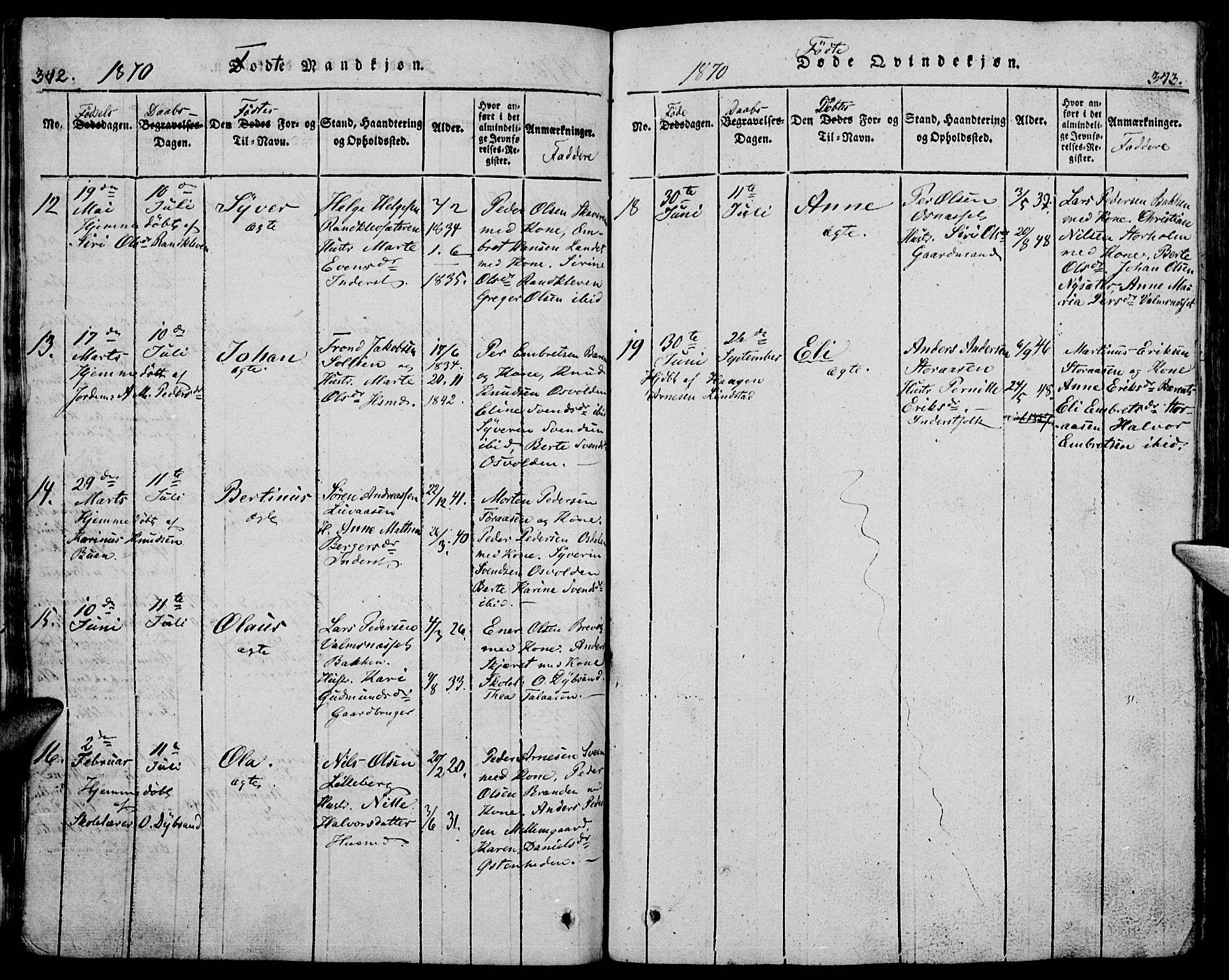 Trysil prestekontor, AV/SAH-PREST-046/H/Ha/Hab/L0005: Parish register (copy) no. 5, 1814-1877, p. 342-343