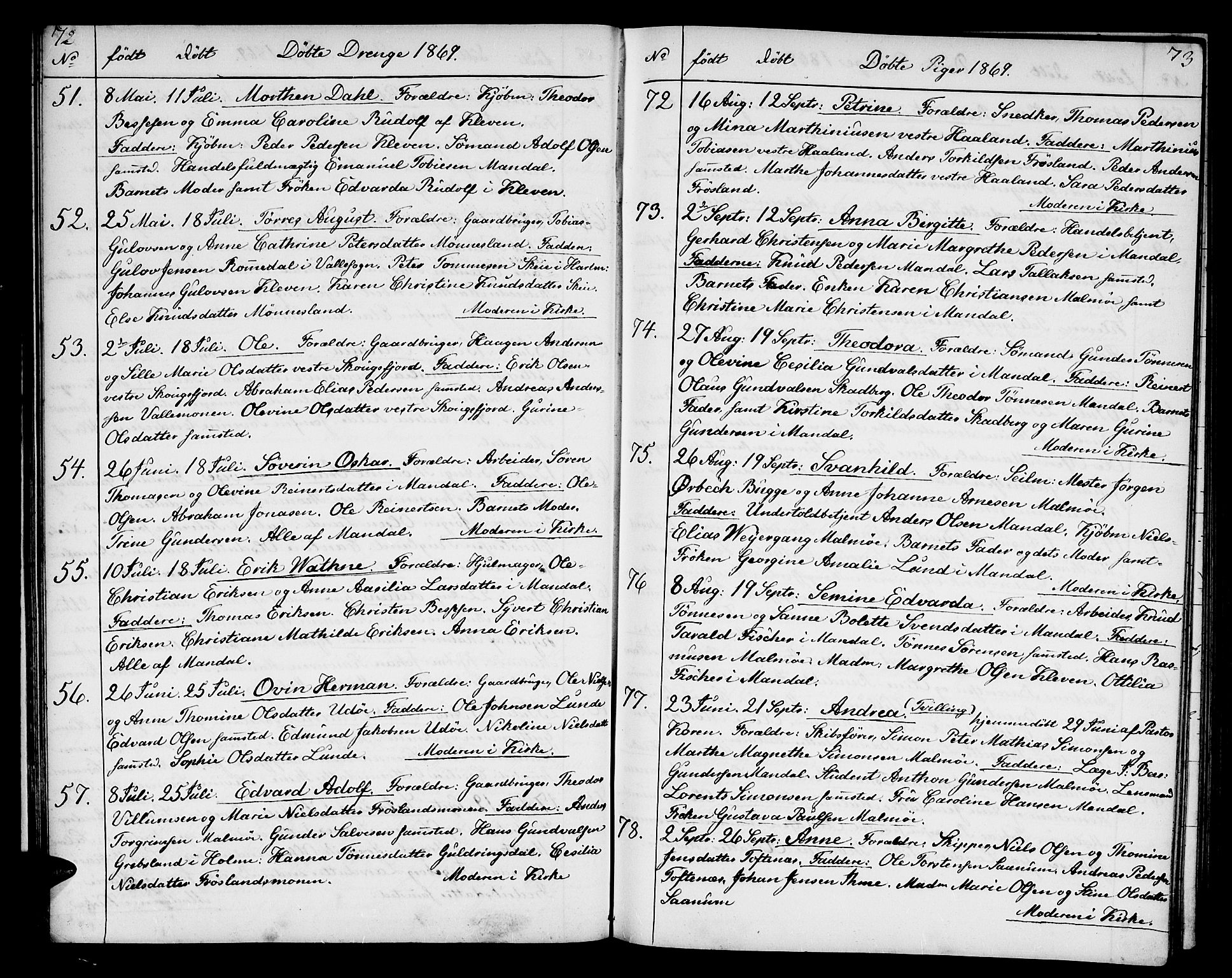 Mandal sokneprestkontor, SAK/1111-0030/F/Fb/Fba/L0009: Parish register (copy) no. B 3, 1867-1877, p. 72-73