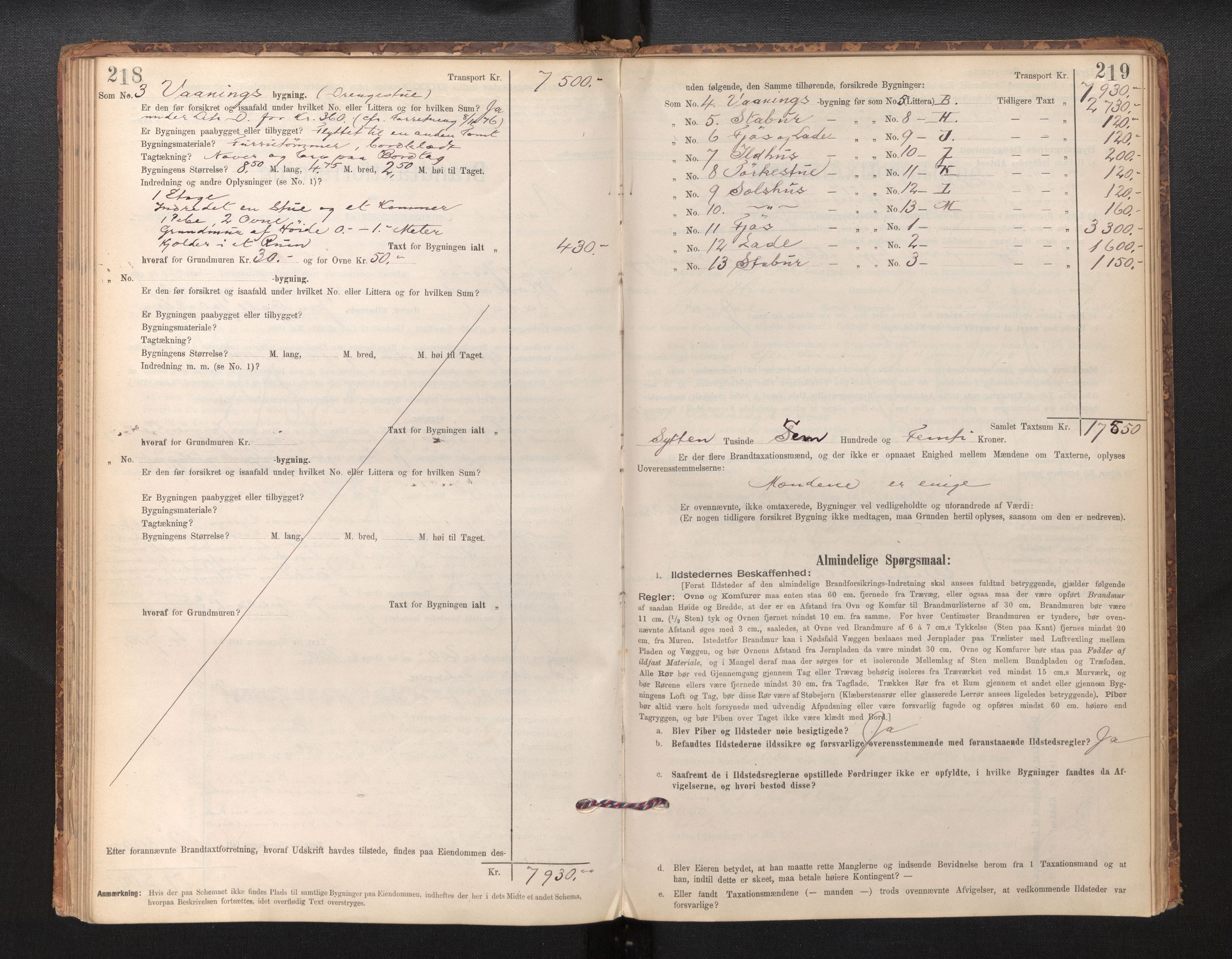 Lensmannen i Årdal, SAB/A-30501/0012/L0008: Branntakstprotokoll, skjematakst, 1895-1915, p. 218-219