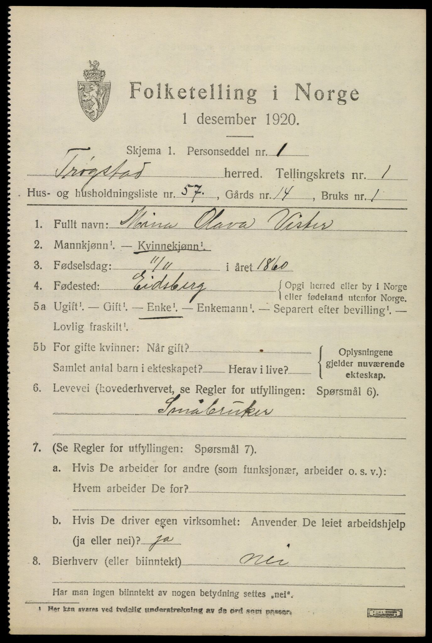 SAO, 1920 census for Trøgstad, 1920, p. 2074