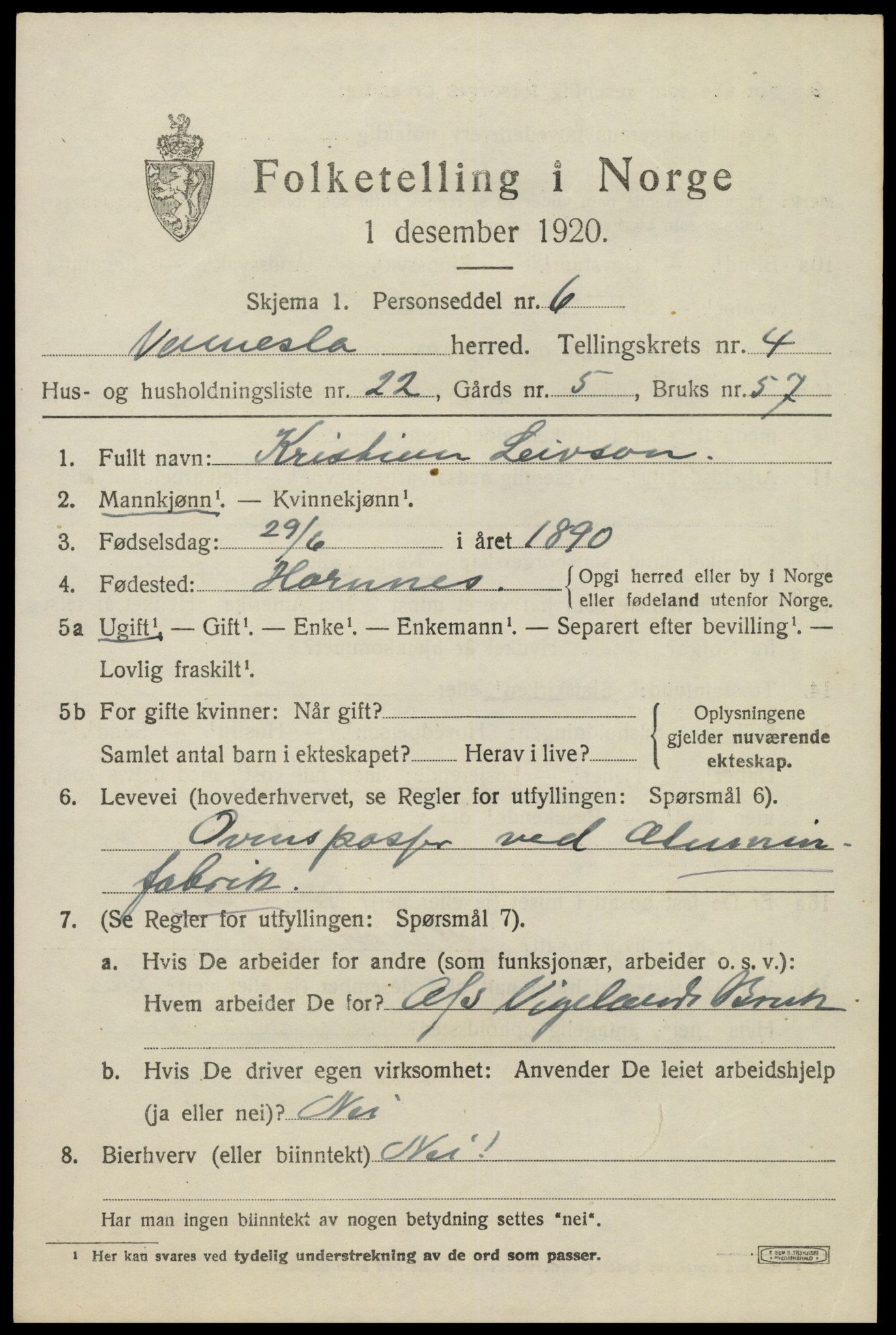 SAK, 1920 census for Vennesla, 1920, p. 3124