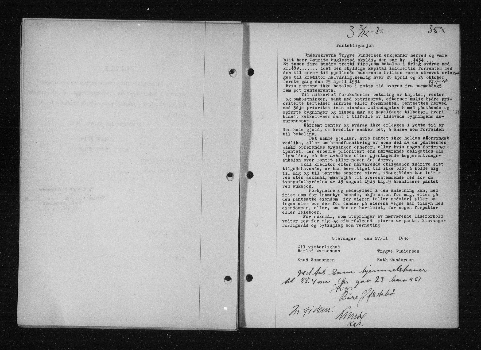 Stavanger byfogd, AV/SAST-A-101408/001/4/41/410/410BB/L0058: Mortgage book no. 48, 1930-1931, Deed date: 03.12.1930