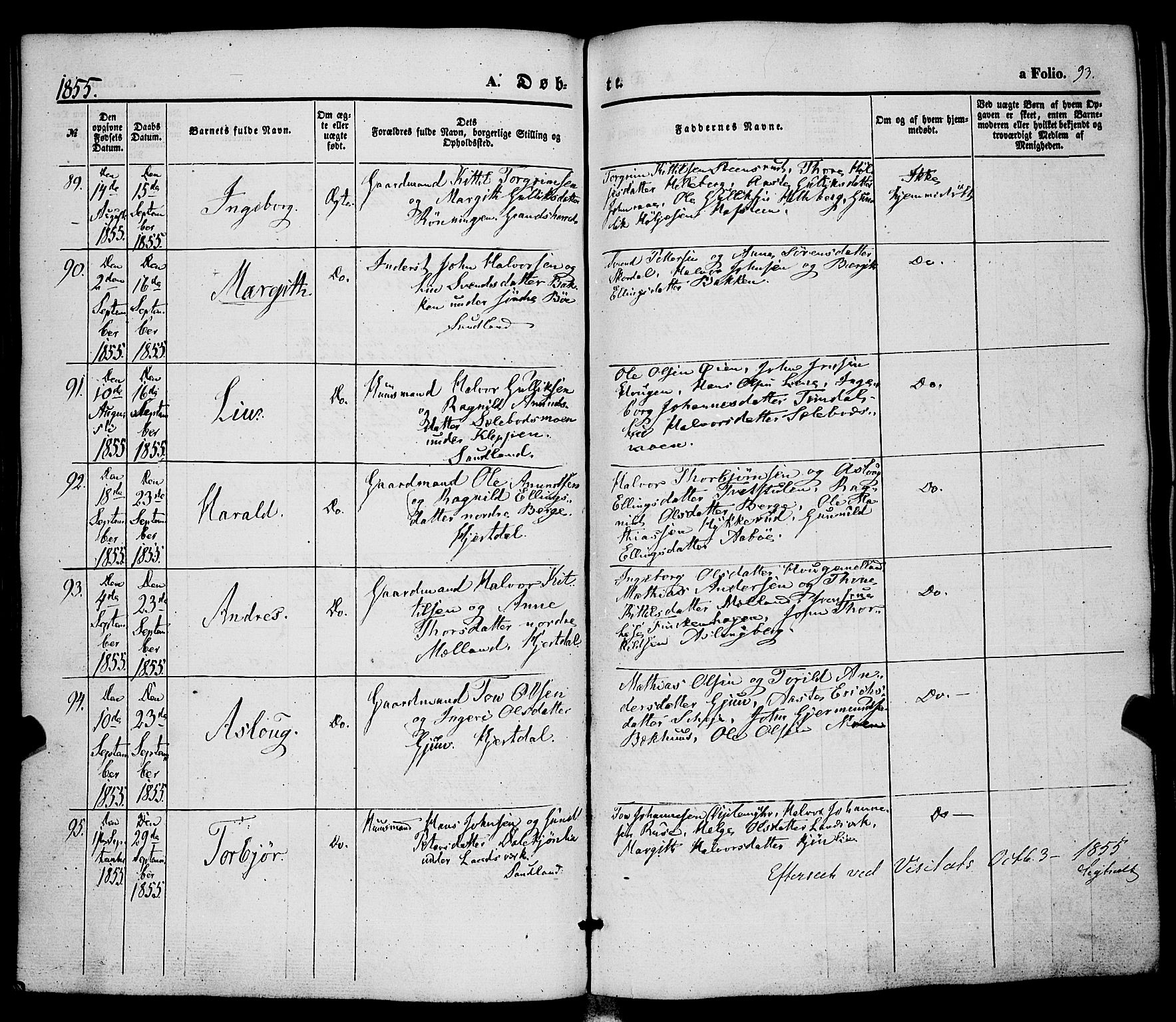 Hjartdal kirkebøker, AV/SAKO-A-270/F/Fa/L0008: Parish register (official) no. I 8, 1844-1859, p. 93