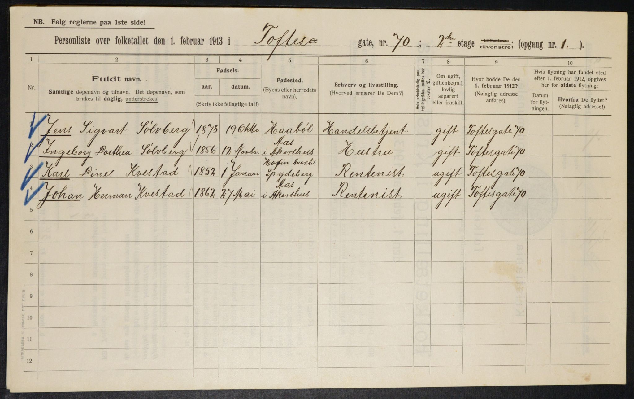 OBA, Municipal Census 1913 for Kristiania, 1913, p. 113085