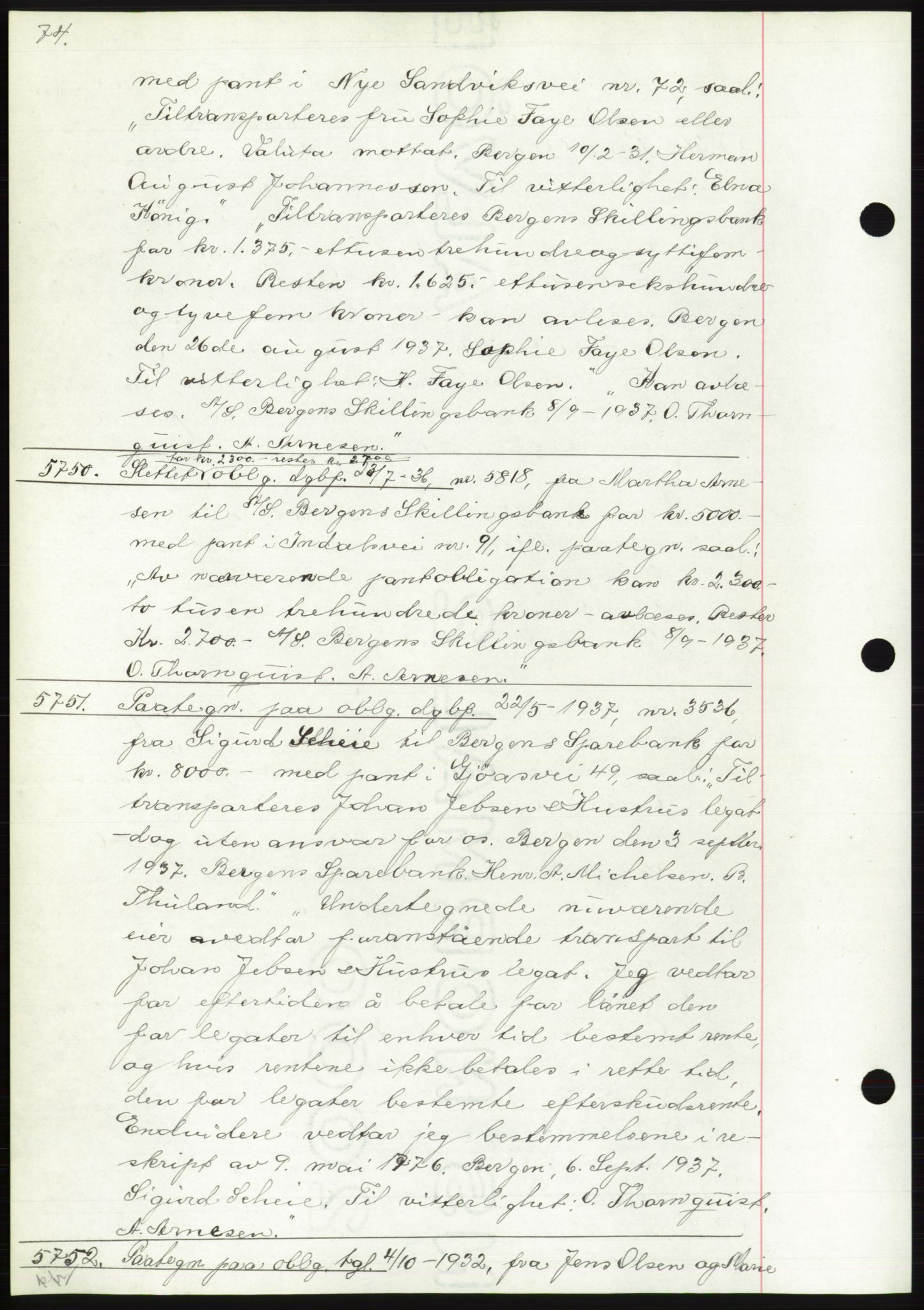 Byfogd og Byskriver i Bergen, AV/SAB-A-3401/03: Mortgage book no. C 5, 1937-1937, Diary no: : 5750/1937