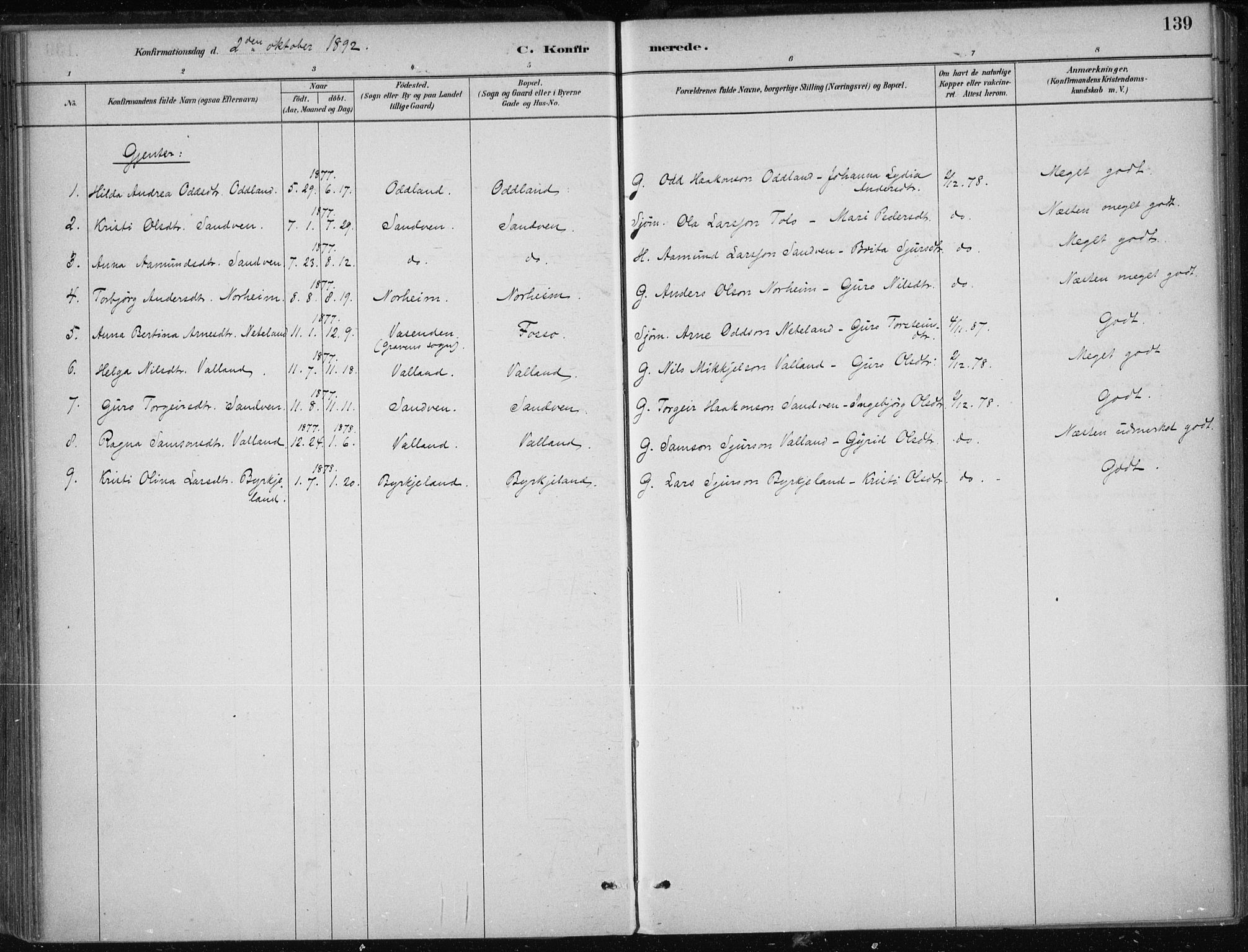 Kvam sokneprestembete, AV/SAB-A-76201/H/Haa: Parish register (official) no. B  1, 1880-1908, p. 139