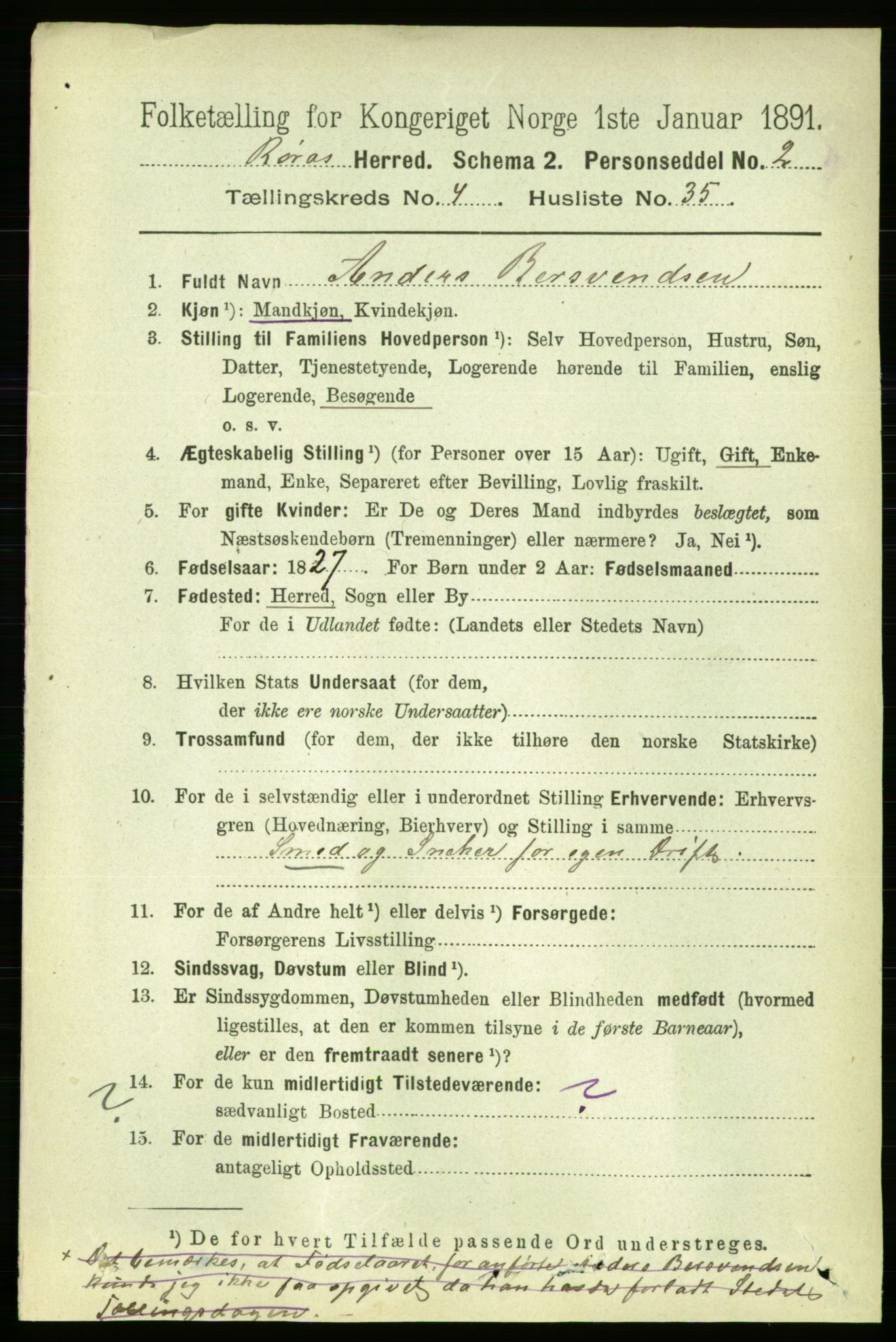 RA, 1891 census for 1640 Røros, 1891, p. 1001