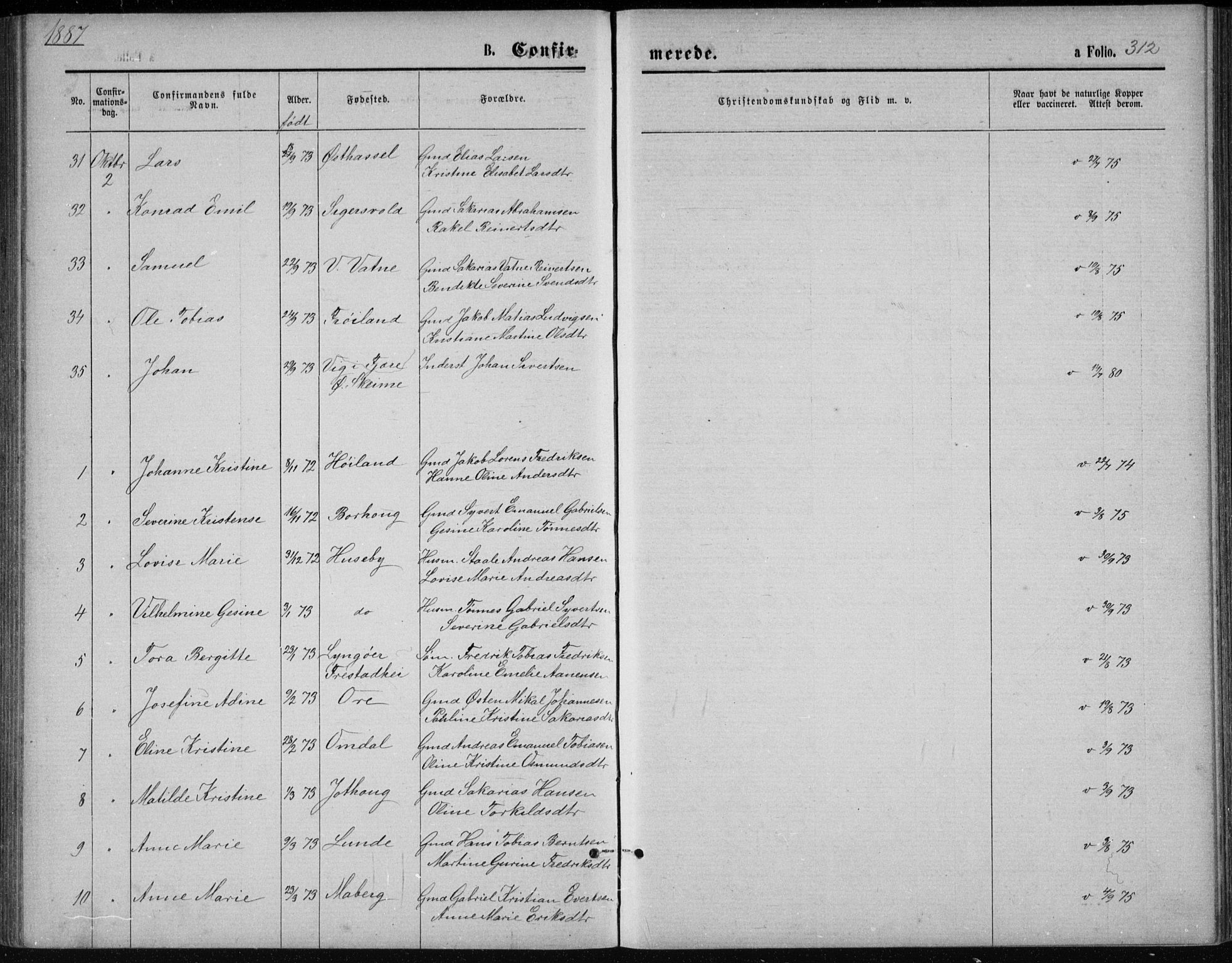 Lista sokneprestkontor, AV/SAK-1111-0027/F/Fb/L0004: Parish register (copy) no. B 4, 1877-1891, p. 312