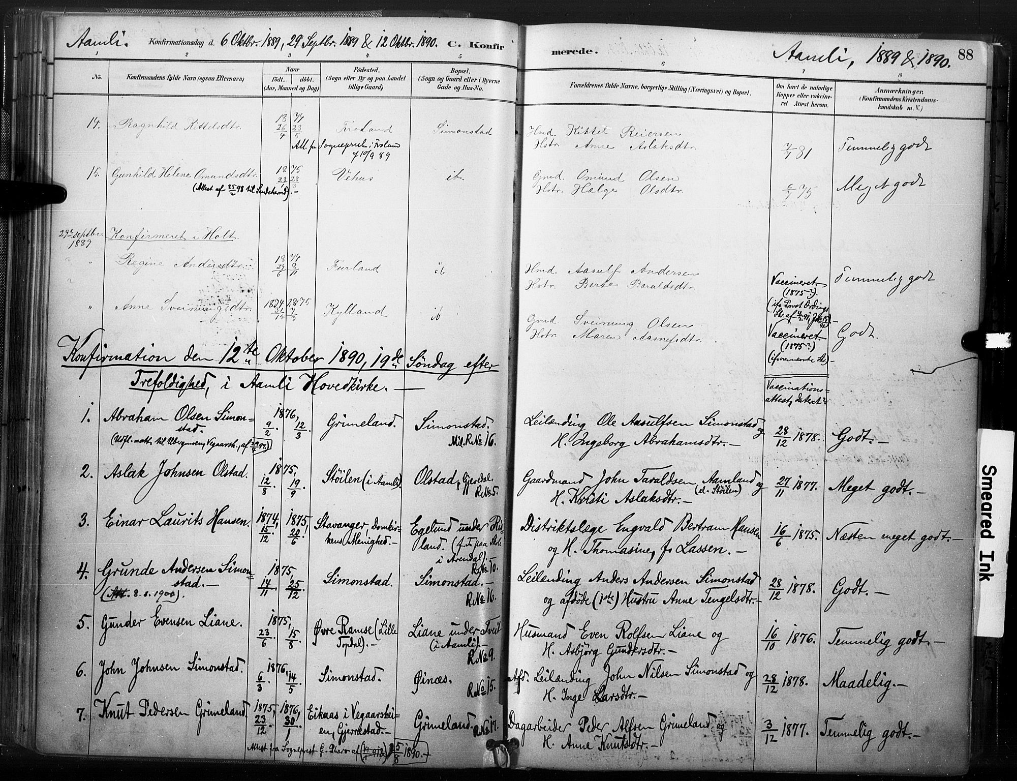 Åmli sokneprestkontor, SAK/1111-0050/F/Fa/Fac/L0010: Parish register (official) no. A 10 /1, 1885-1899, p. 88