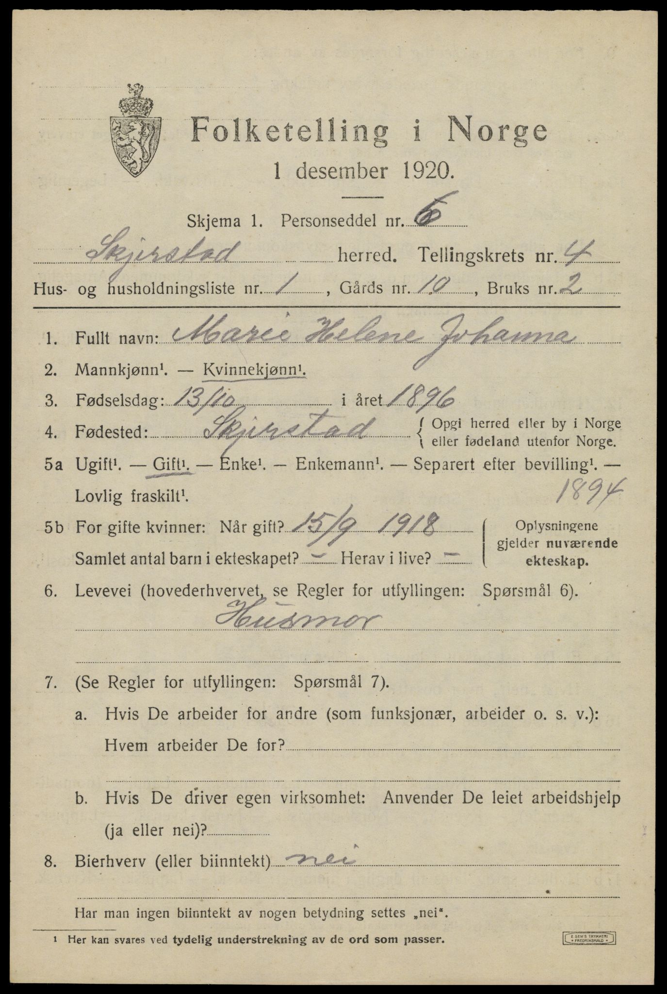 SAT, 1920 census for Skjerstad, 1920, p. 1485