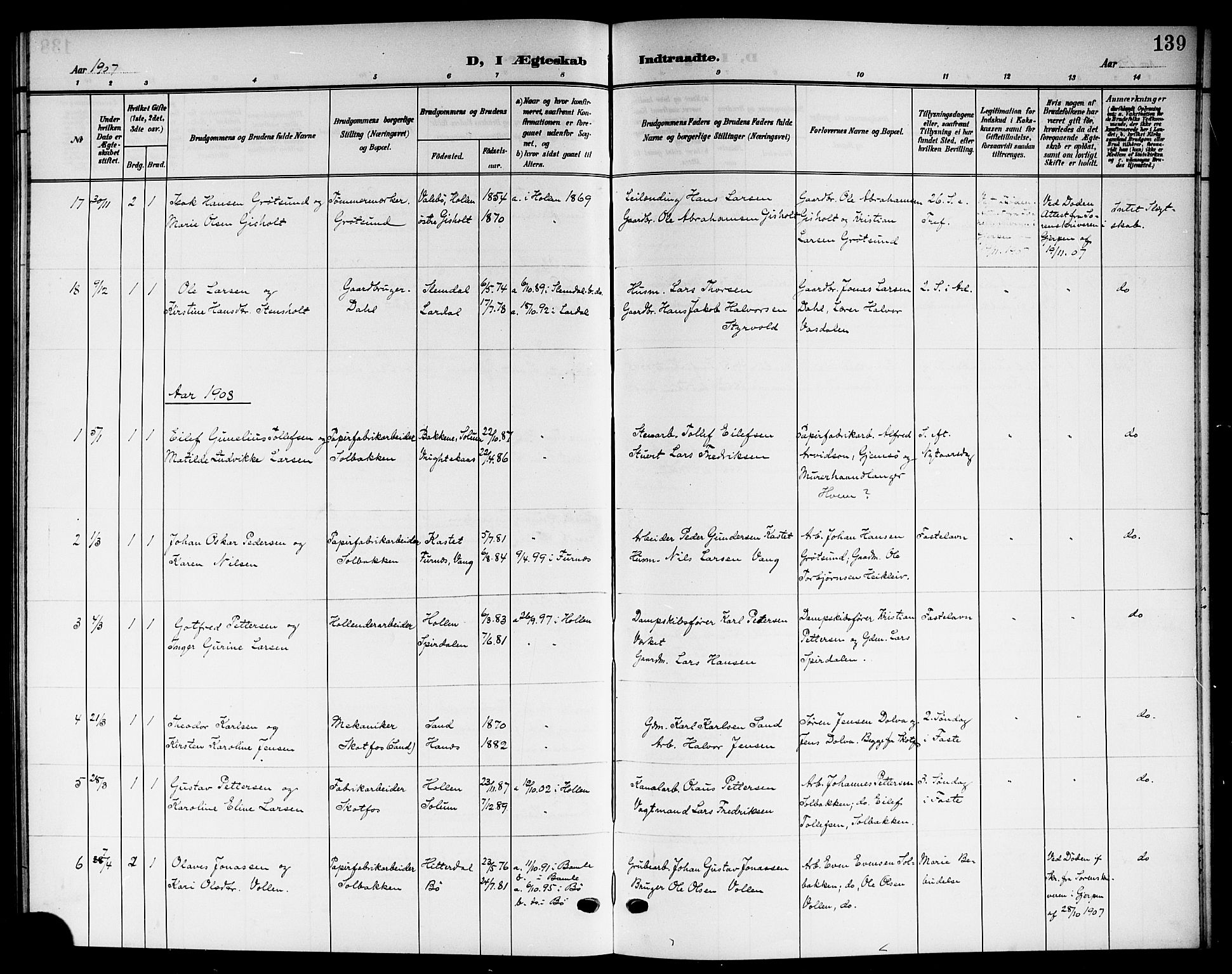 Solum kirkebøker, SAKO/A-306/G/Gb/L0005: Parish register (copy) no. II 5, 1905-1914, p. 139