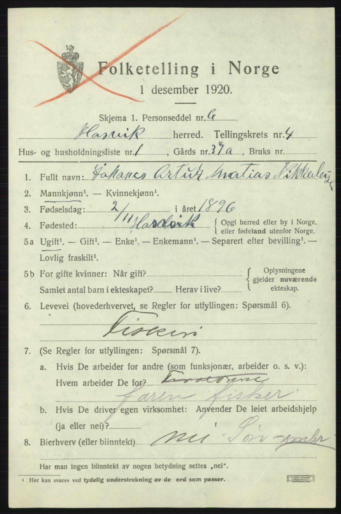 SATØ, 1920 census for Hasvik, 1920, p. 1767