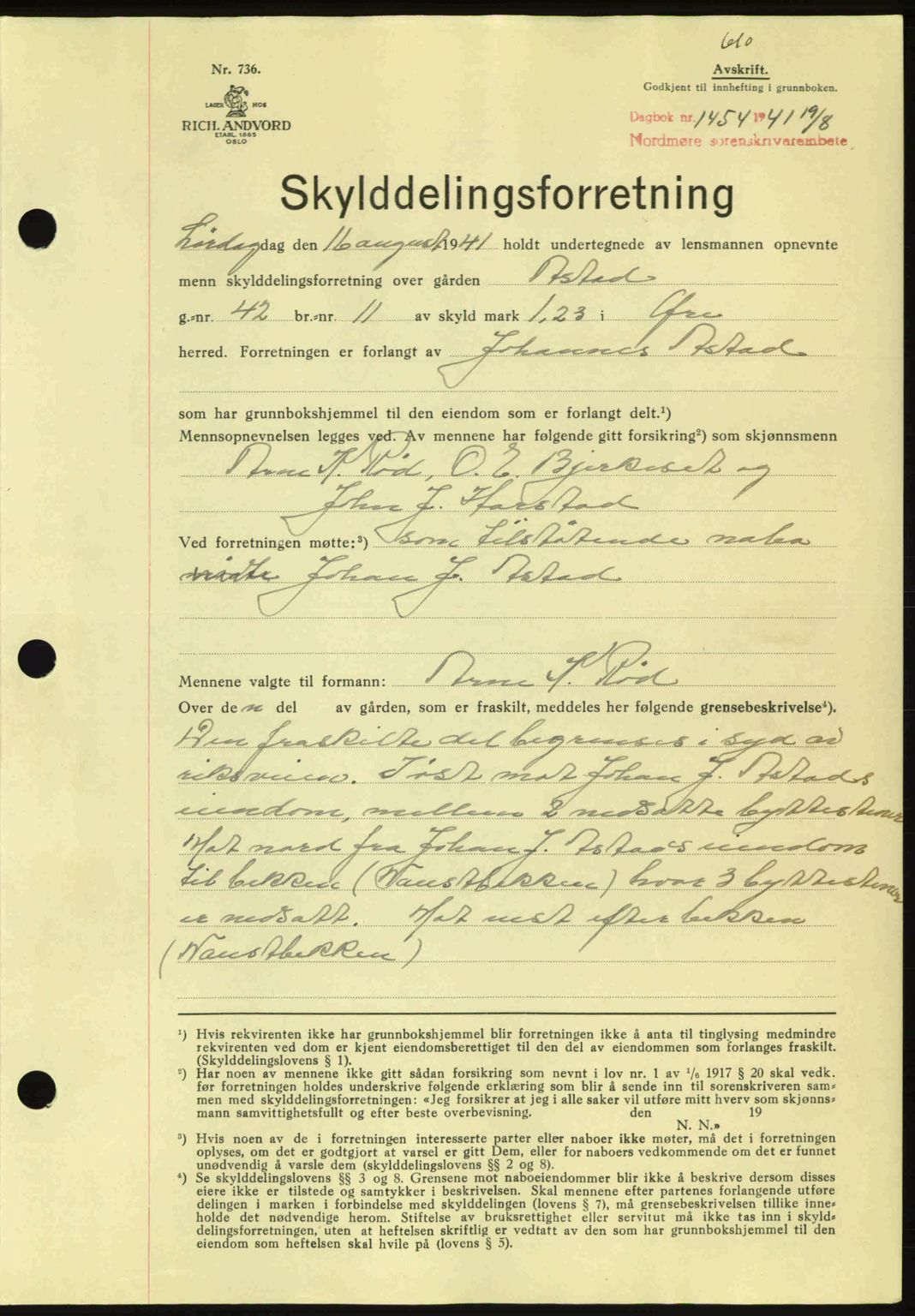 Nordmøre sorenskriveri, SAT/A-4132/1/2/2Ca: Mortgage book no. A90, 1941-1941, Diary no: : 1454/1941