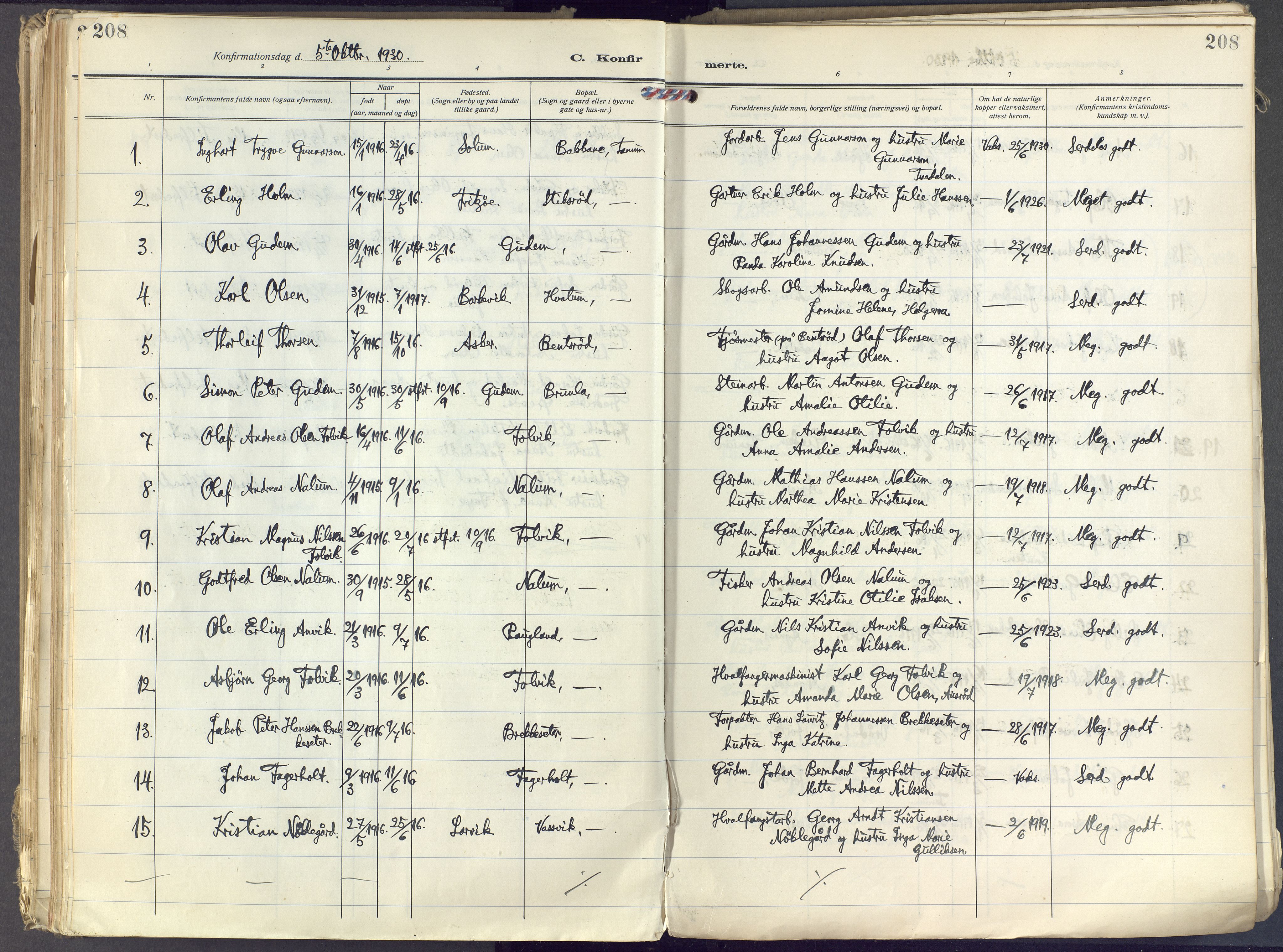 Brunlanes kirkebøker, SAKO/A-342/F/Fc/L0004: Parish register (official) no. III 4, 1923-1943, p. 208