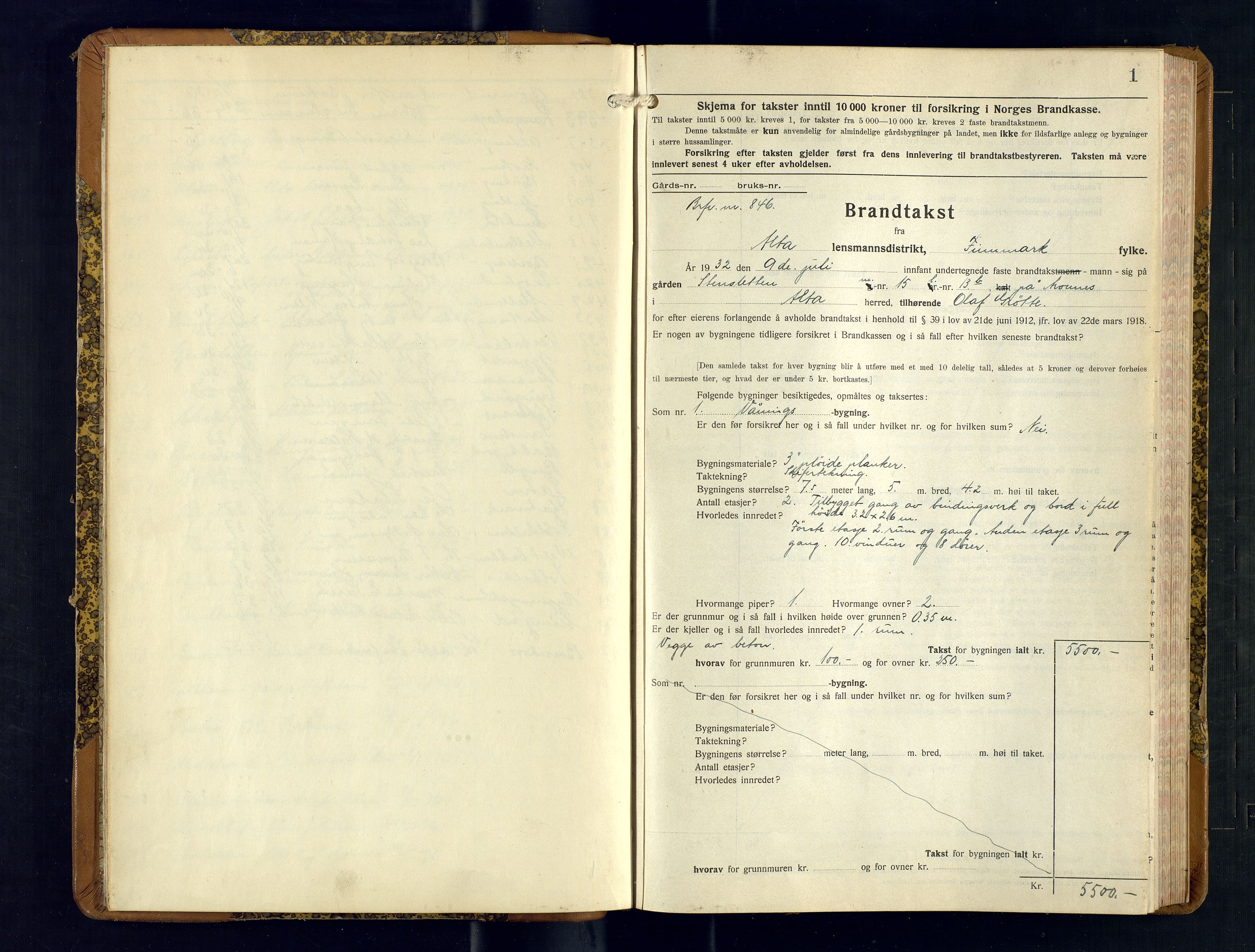 Alta lensmannskontor, SATØ/S-1165/O/Ob/L0177: Branntakstprotokoll, 1932-1937, p. 1