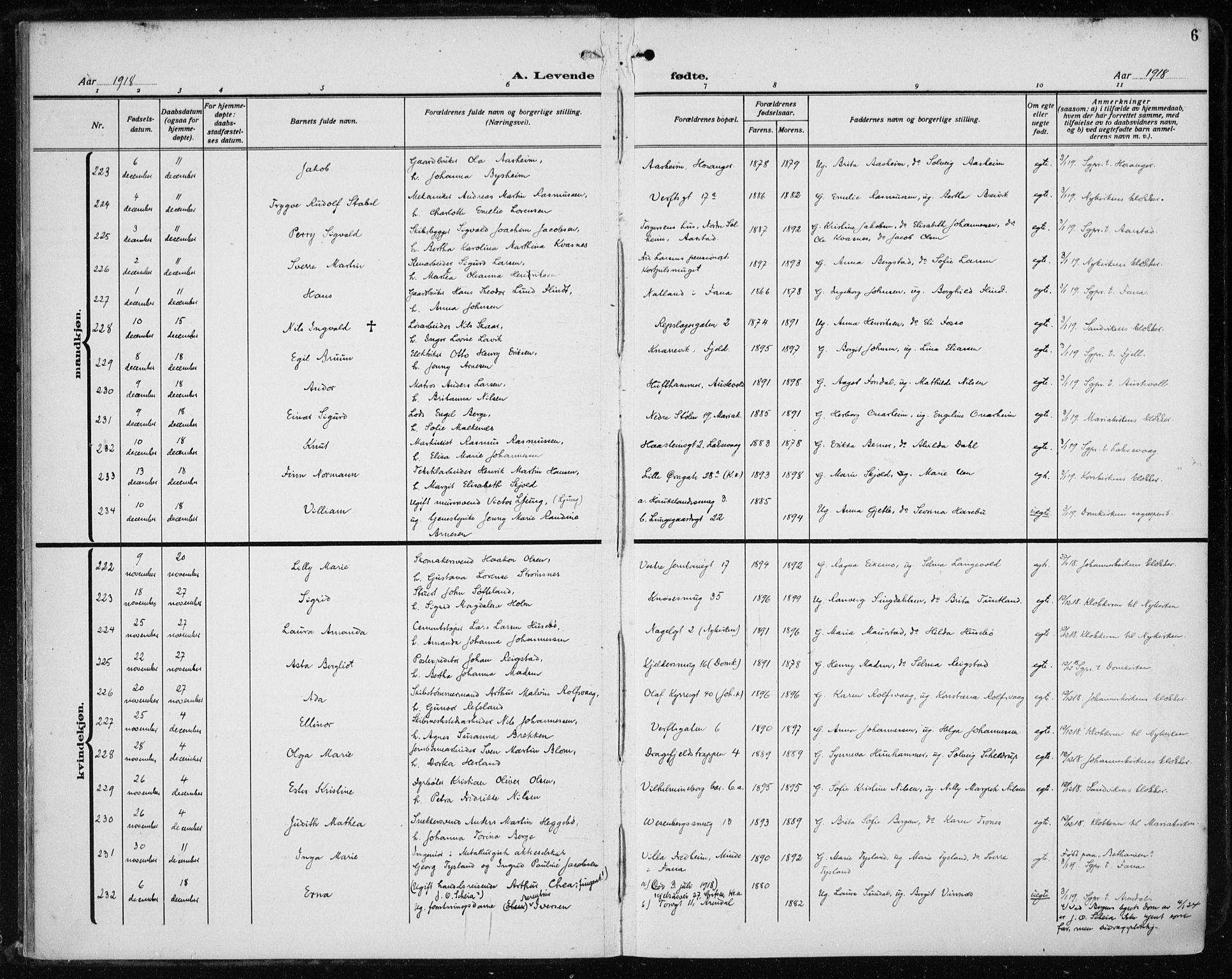 Fødselsstiftelsens sokneprestembete*, SAB/-: Parish register (official) no. A 5, 1918-1926, p. 6