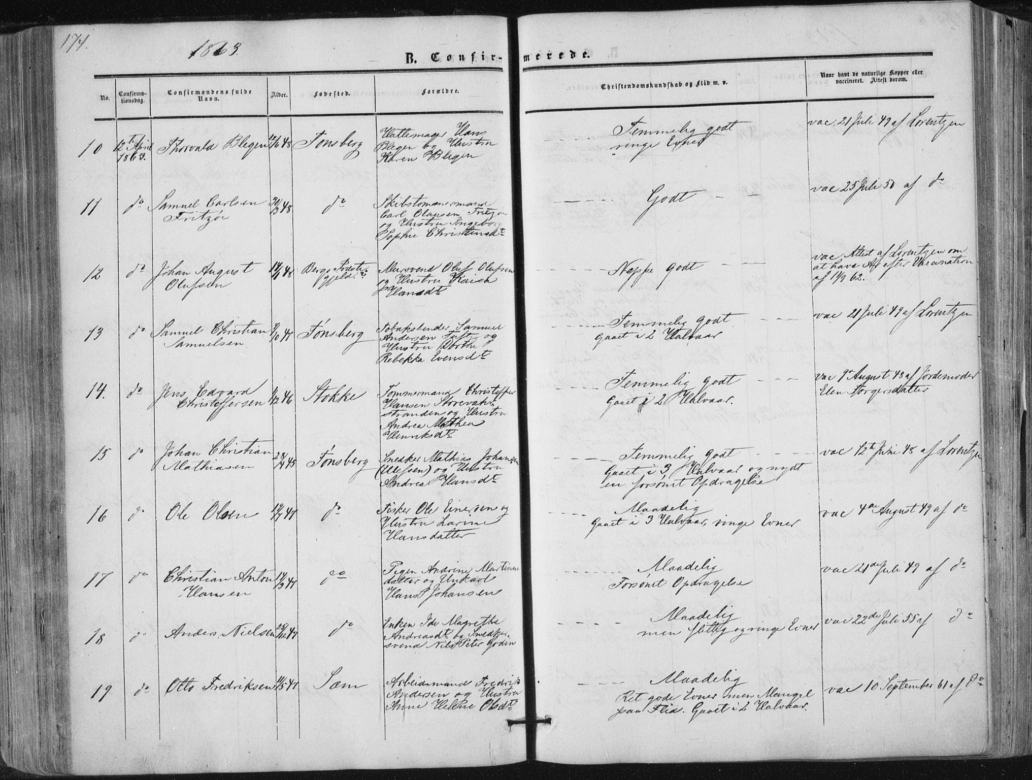 Tønsberg kirkebøker, AV/SAKO-A-330/F/Fa/L0008: Parish register (official) no. I 8, 1855-1864, p. 174