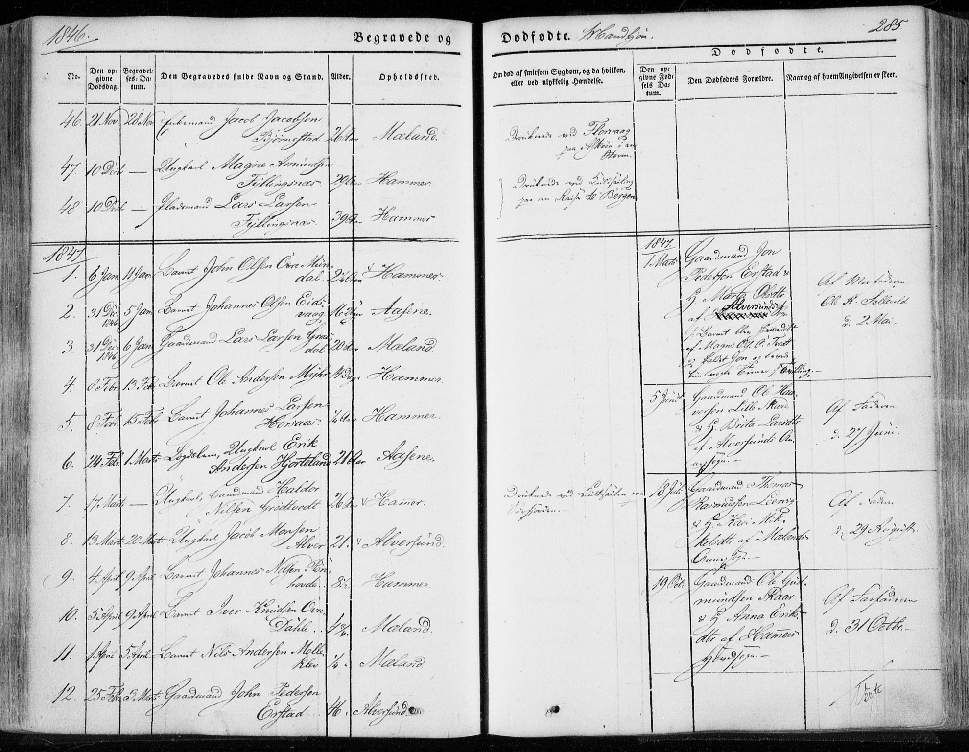 Hamre sokneprestembete, SAB/A-75501/H/Ha/Haa/Haaa/L0013: Parish register (official) no. A 13, 1846-1857, p. 285