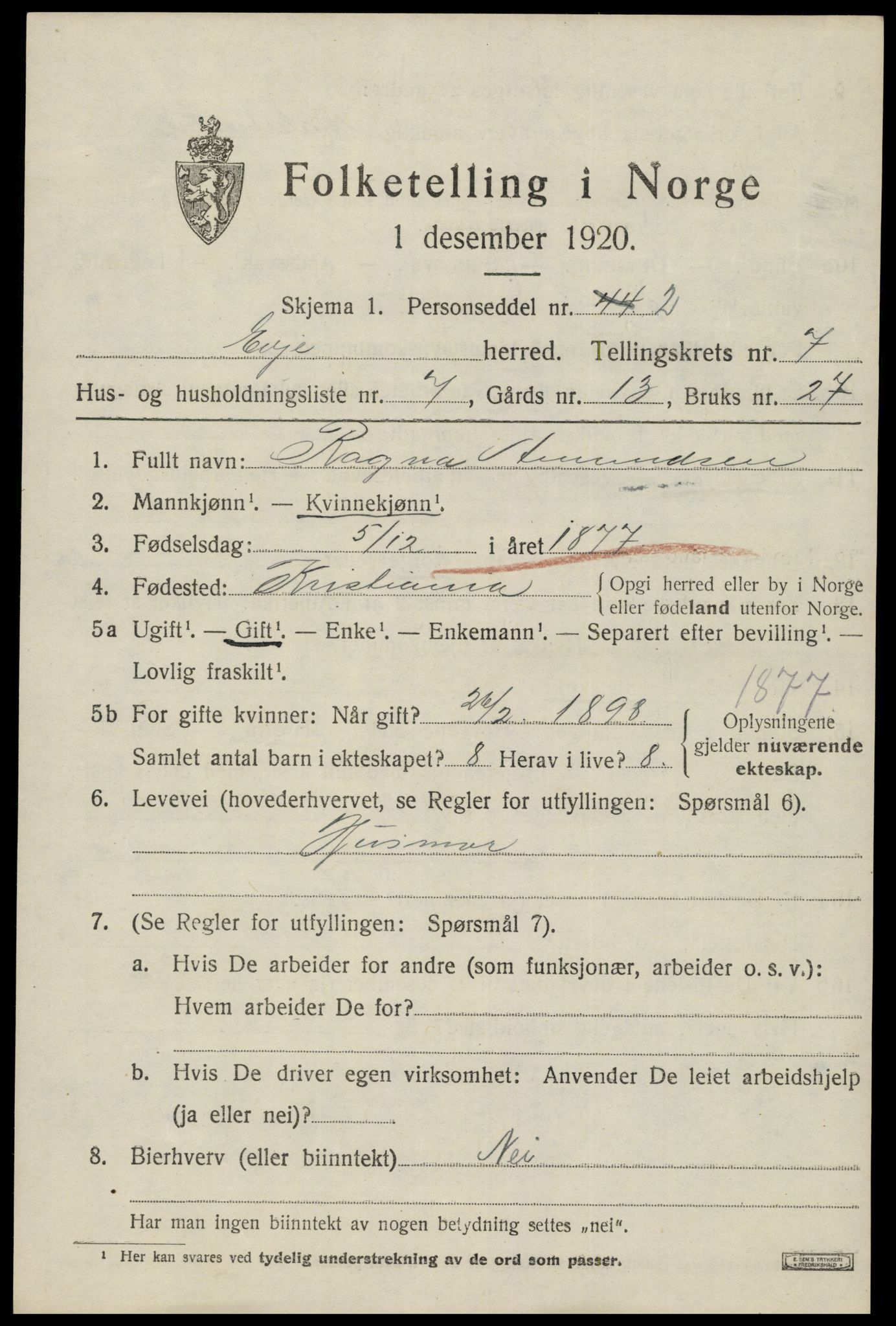 SAK, 1920 census for Evje, 1920, p. 2344