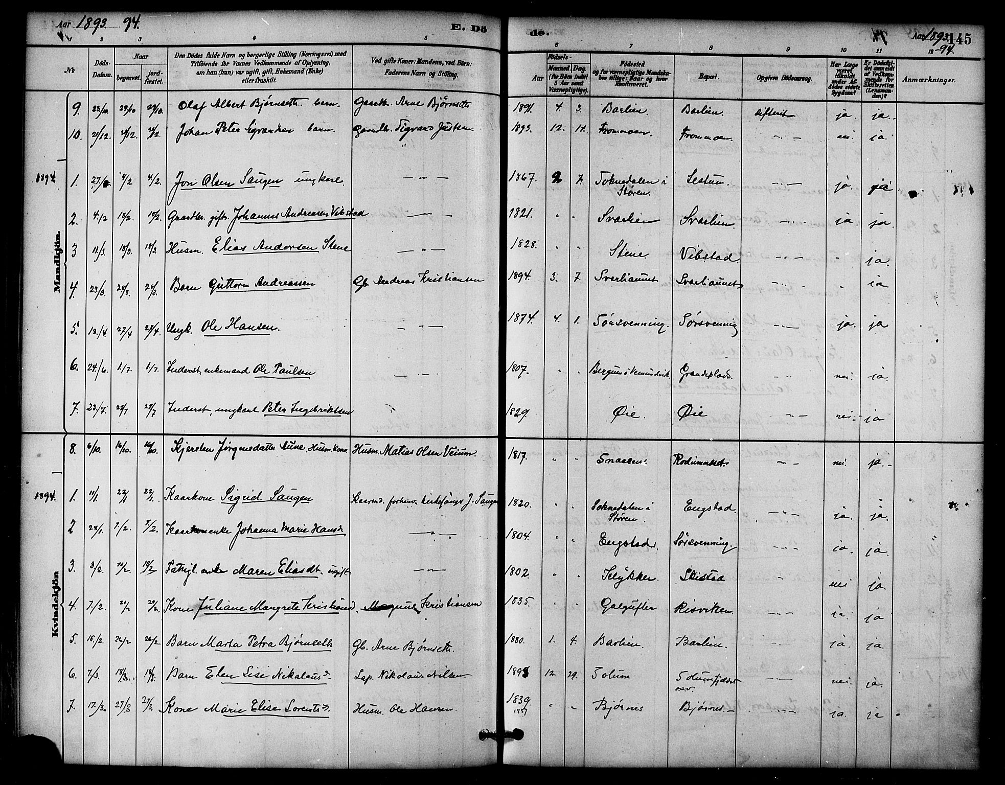Ministerialprotokoller, klokkerbøker og fødselsregistre - Nord-Trøndelag, SAT/A-1458/764/L0555: Parish register (official) no. 764A10, 1881-1896, p. 145