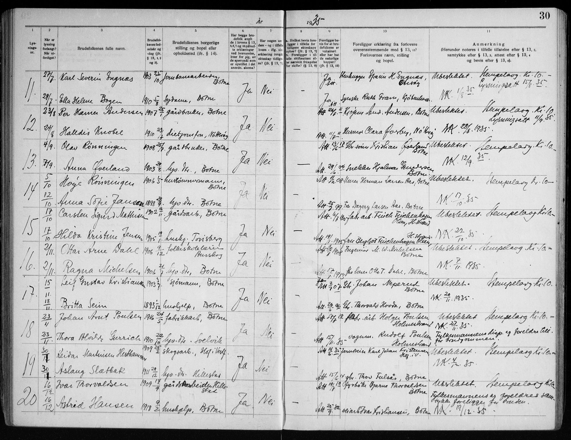 Botne kirkebøker, AV/SAKO-A-340/H/Ha/L0001: Banns register no. 1, 1919-1965, p. 30