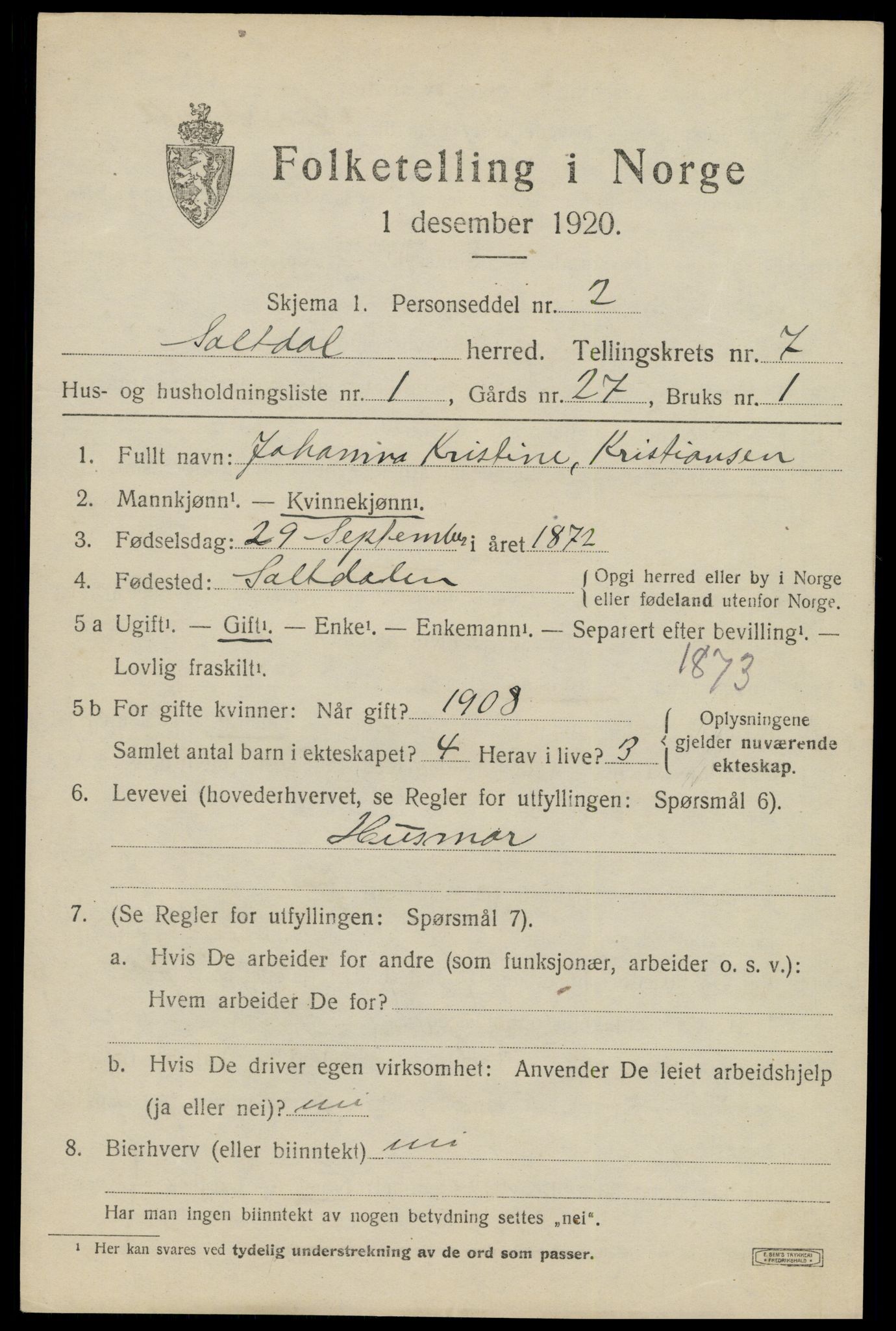 SAT, 1920 census for Saltdal, 1920, p. 7805