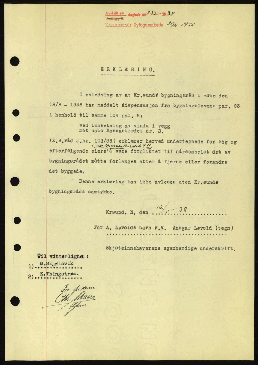 Kristiansund byfogd, SAT/A-4587/A/27: Mortgage book no. 31, 1938-1939, Diary no: : 755/1938