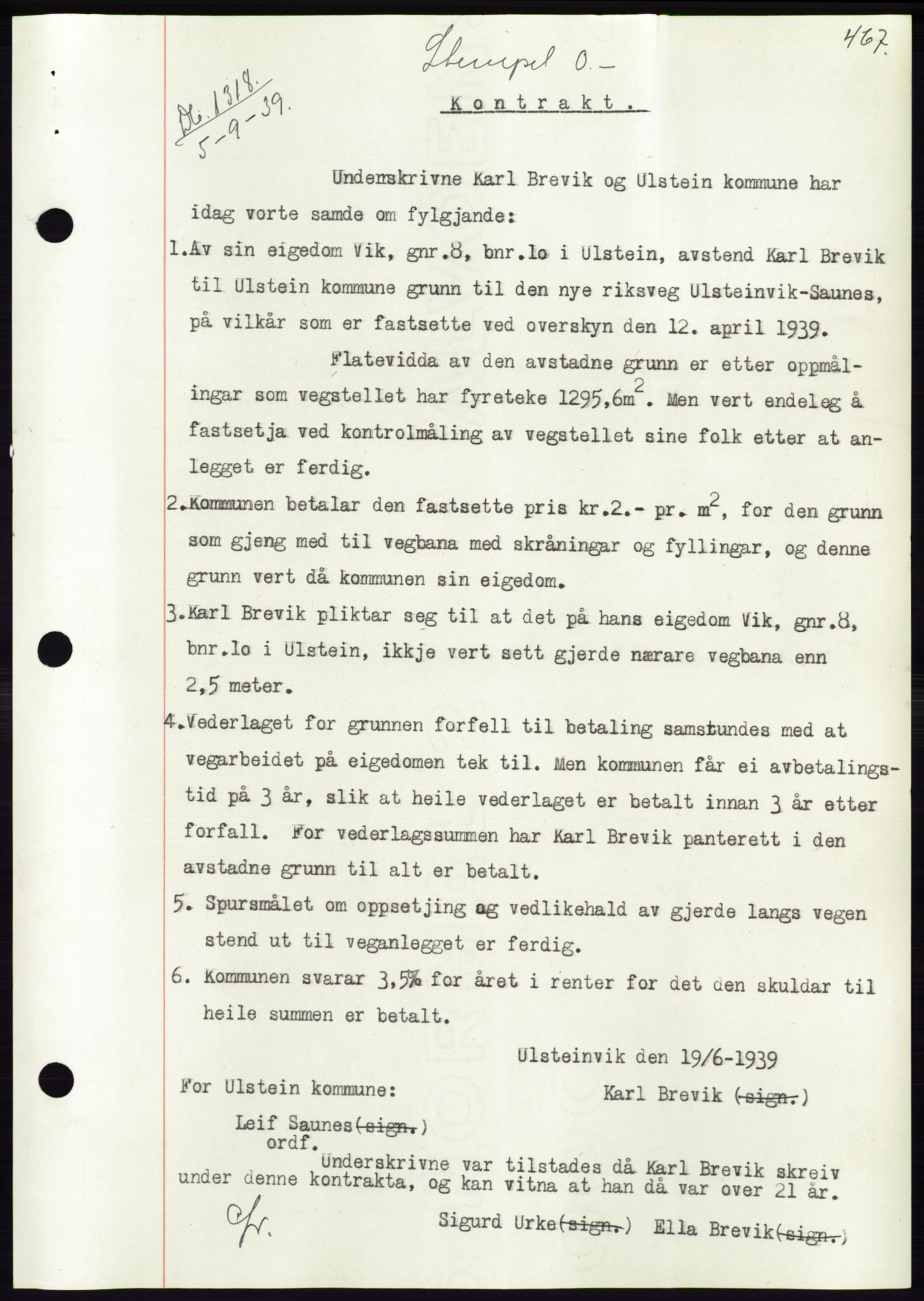 Søre Sunnmøre sorenskriveri, AV/SAT-A-4122/1/2/2C/L0068: Mortgage book no. 62, 1939-1939, Diary no: : 1318/1939